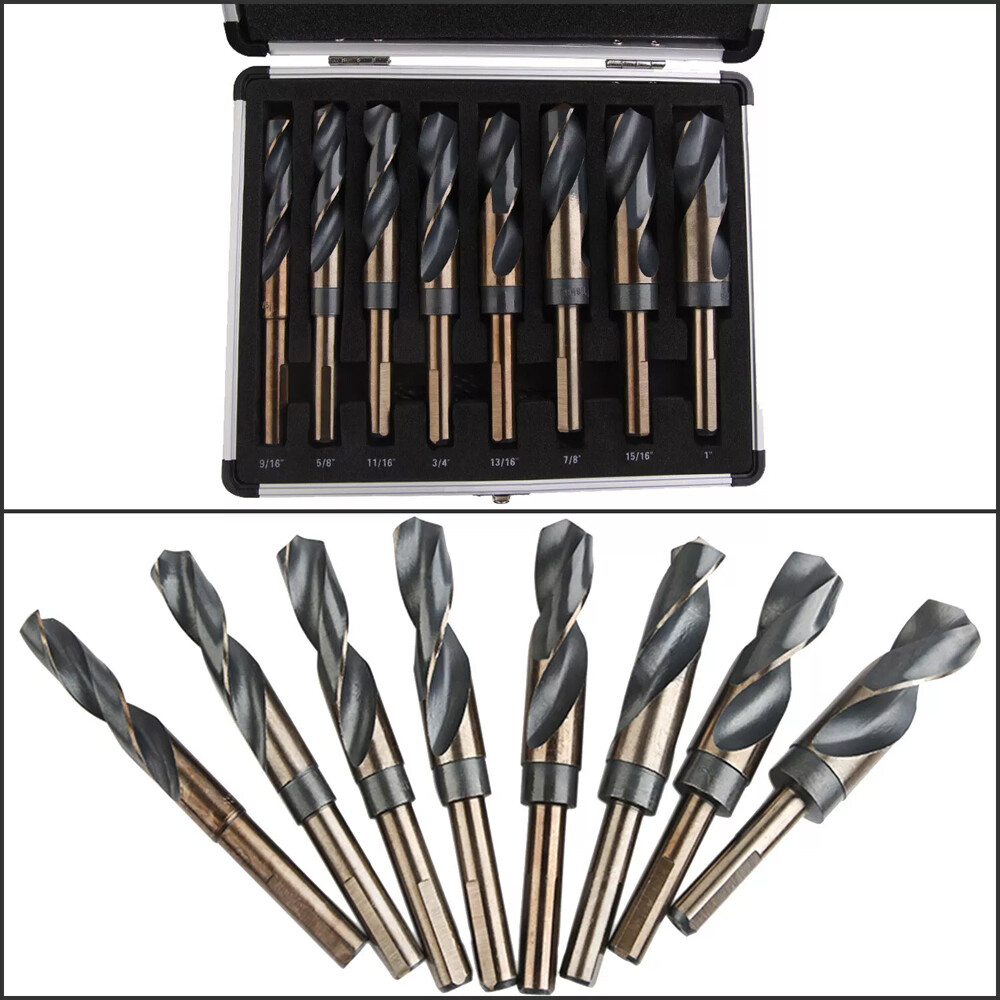 8pc HSS Cobalt Silver & Deming Drill Bits Set, Large Size 9/16" to 1", Reduced 1