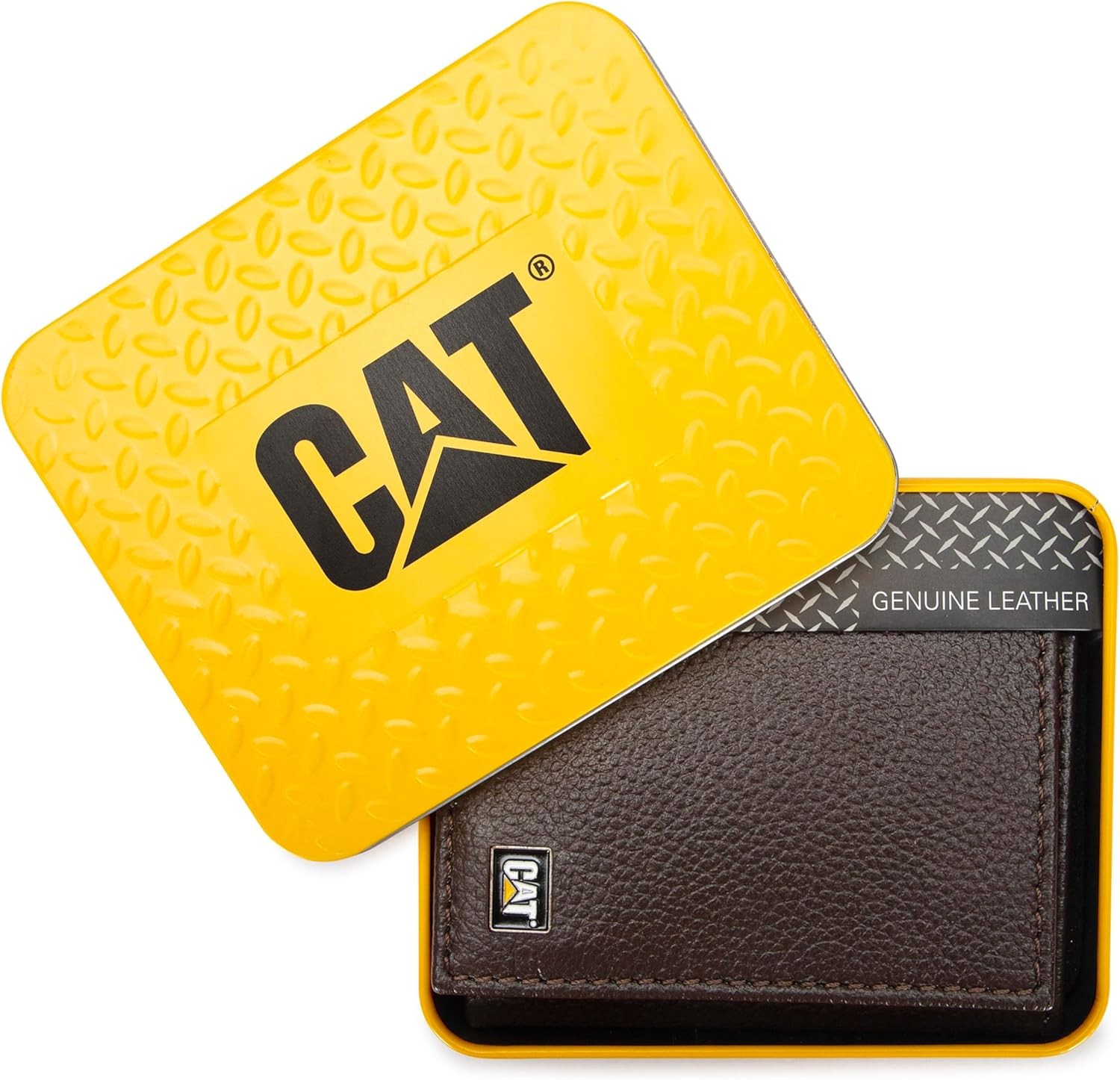 CAT Caterpillar Mens GENUINE LEATHER RFID Trifold Wallet Brown Chocolate in TIN