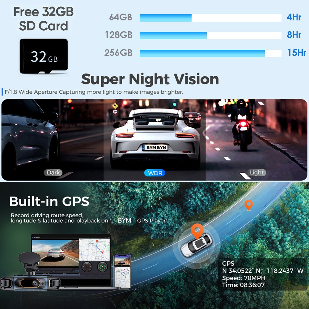 2K 4 Channels Dashboard Camera Dash Cam CAR DVR Driving Recorder 3.16 IPS Screen