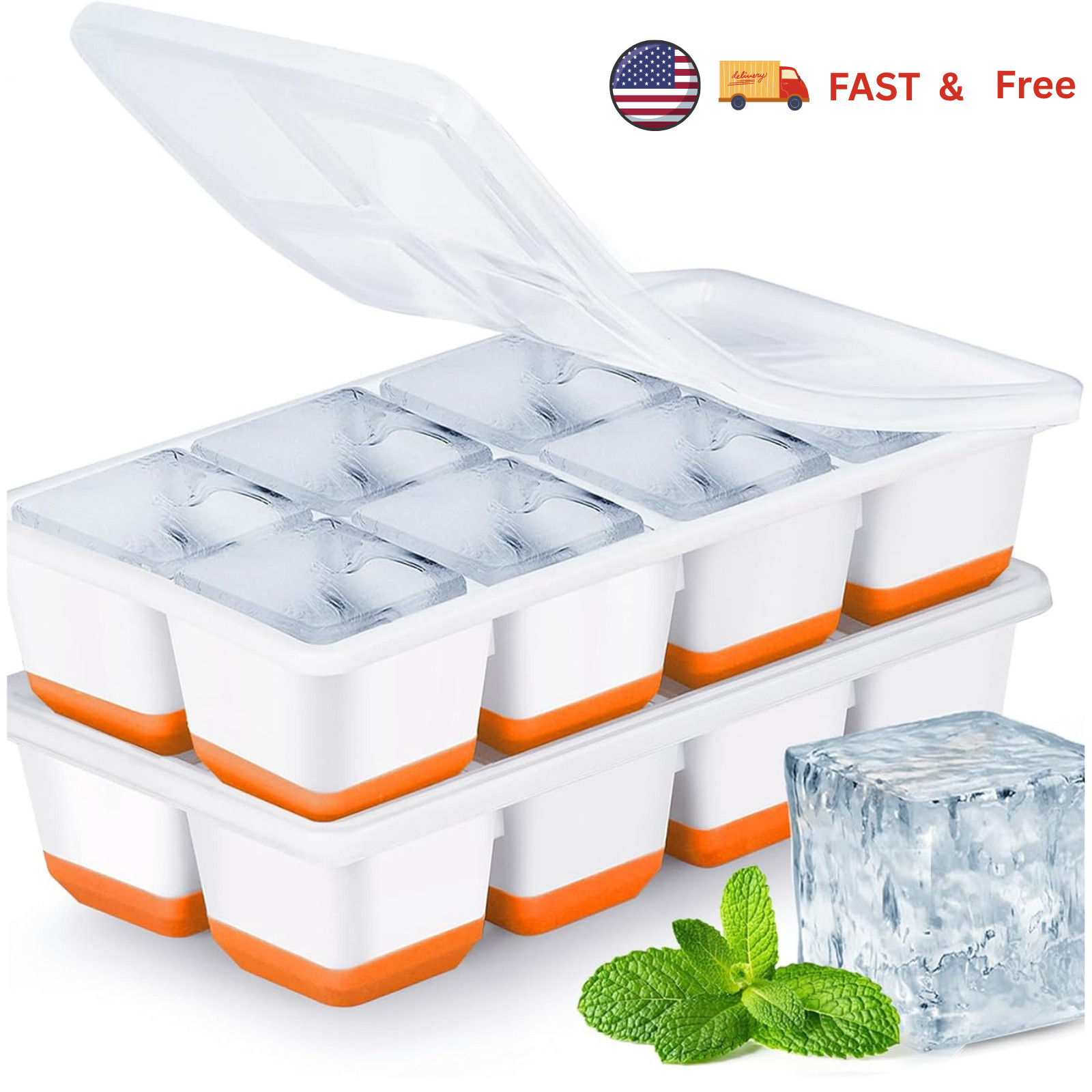 2pcs Large Ice Cube Tray with Lid, Stackable Big Silicone Square Ice Cube Mold