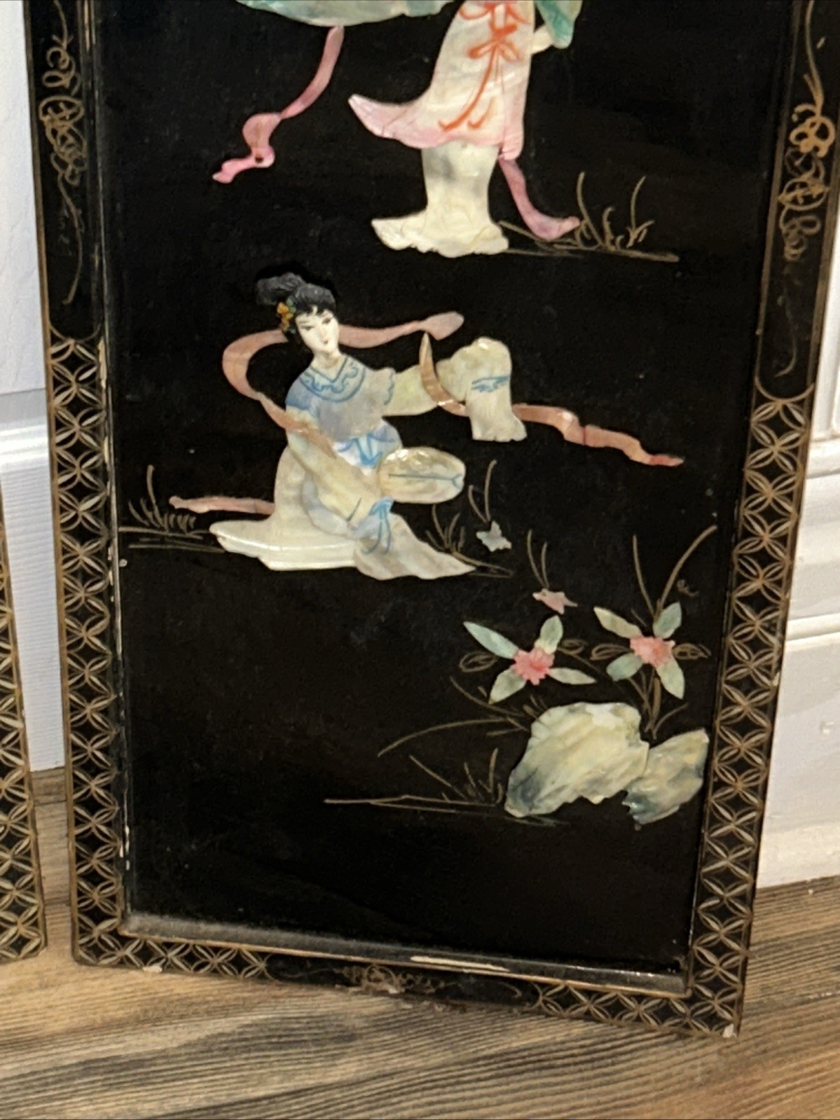 3 Vintage Laquered Asian With Mother of Pearl Panels 12”x 36” 2 Sets Available