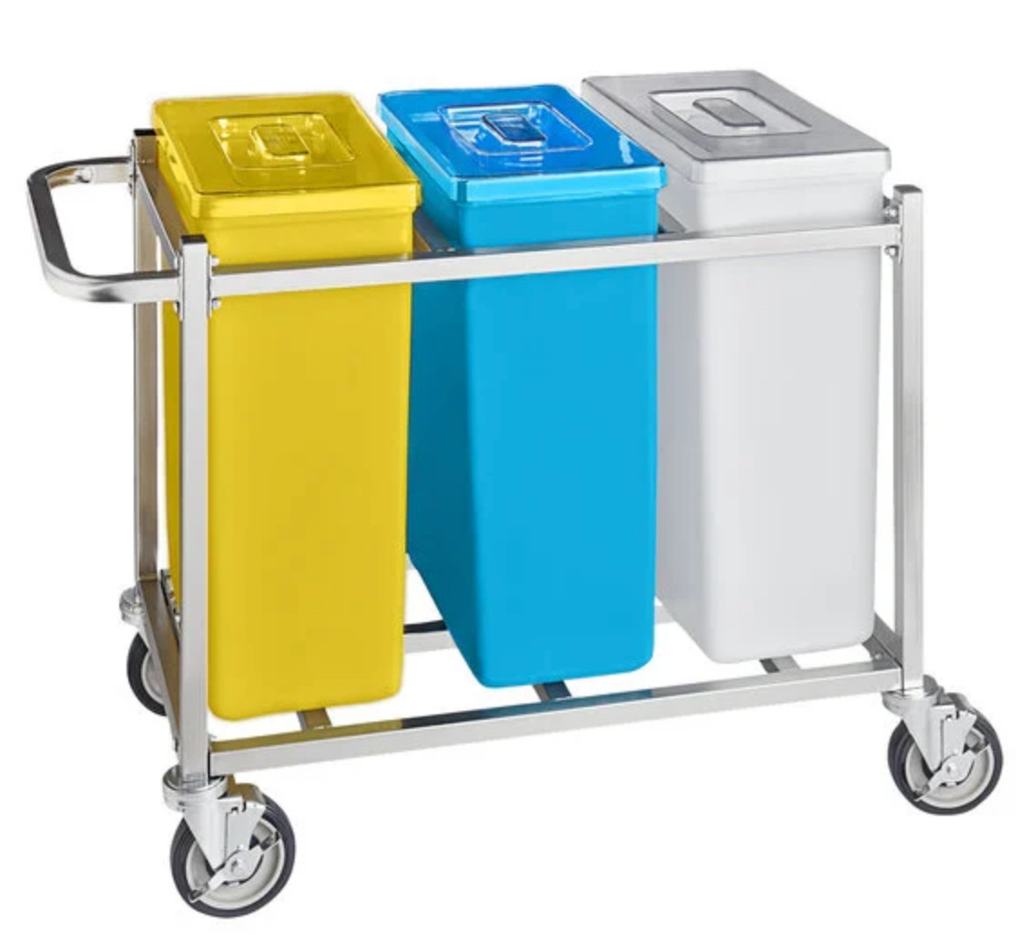 30 Gallon Triple Mobile Ingredient Bin Cart Blue White Yellow Food Storage 3118