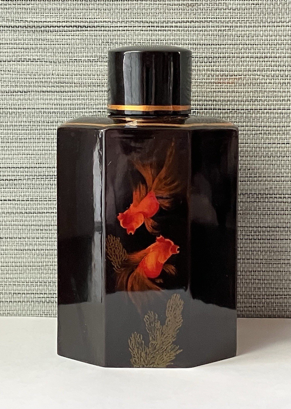Vintage Vietnamese Lacquer Tea Caddy with Hand‑Painted Goldfish Design, 6" T