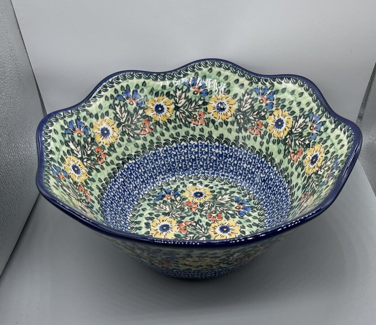 Polish Pottery Unikat L.Lenkiewicz #1975 Tulip Huge 12X5" Scalloped Serving Bowl