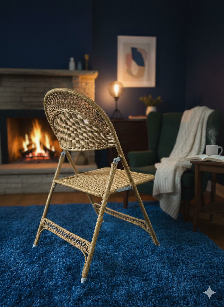Antique White Wicker Folding Chairs Set of 2 for Home Office, Metal Frame
