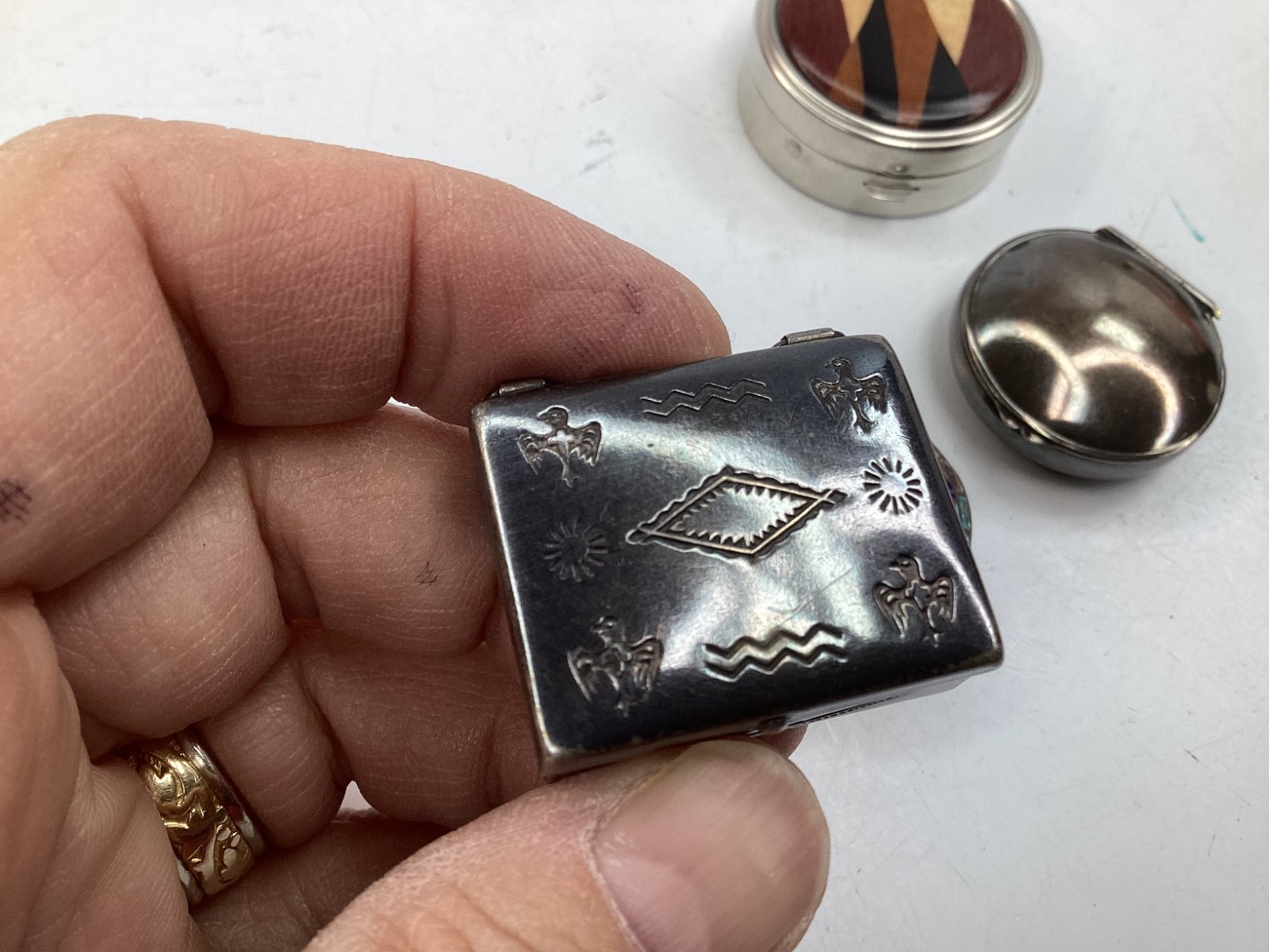 4 Vintage Engraved Sterling Silver Rectangle Pill Box,cloisonné, wood inlay+(B3)