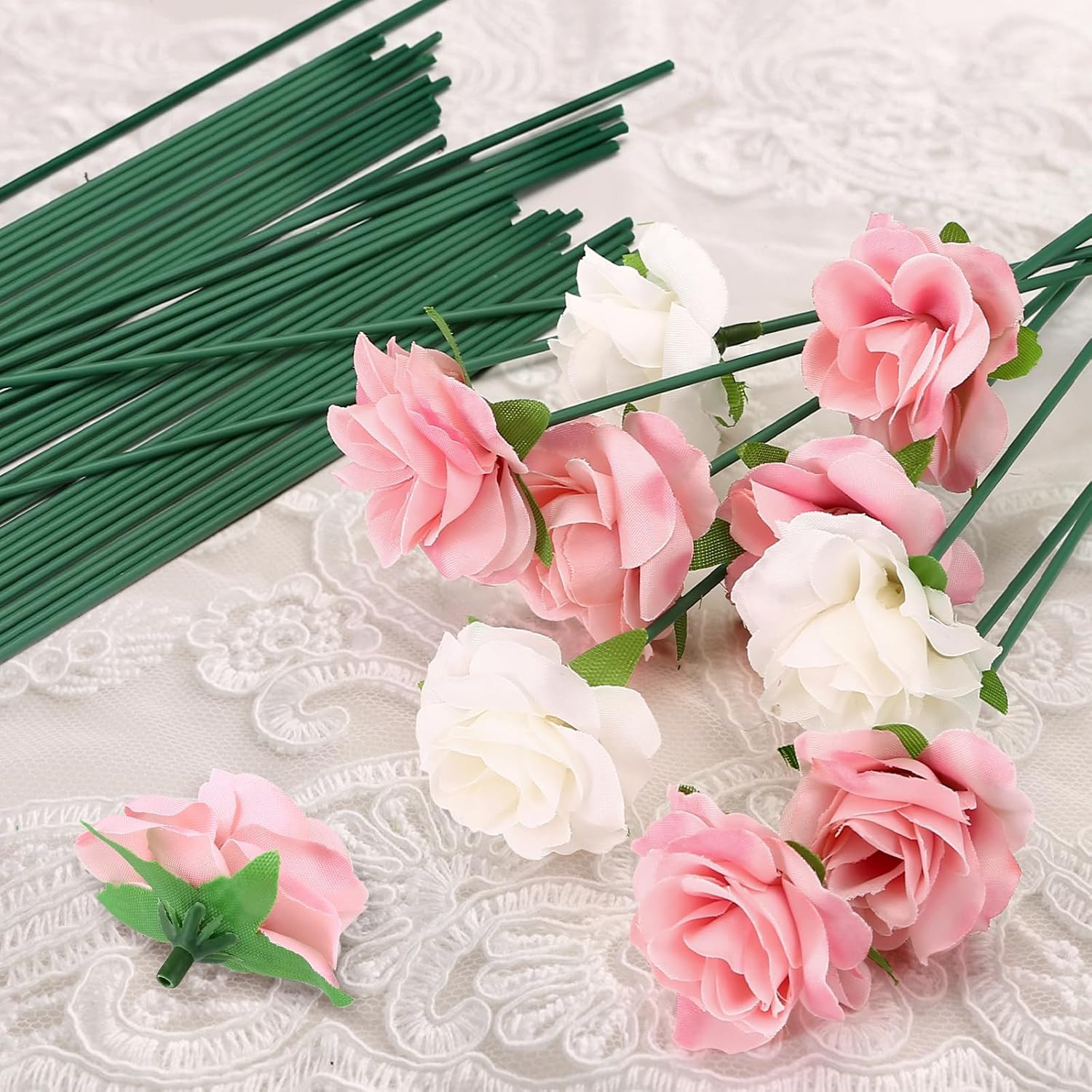 Green Floral Wire Stems, 50 Pieces, Thick Flower Rose Bud Sticks, 8 Inches