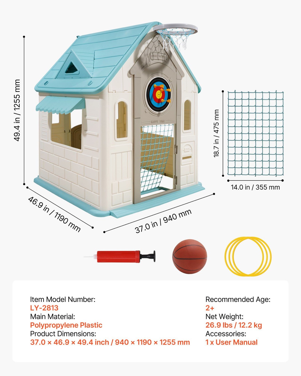 Outdoor Playhouse, 5-In-1 Cottage Play House with Pretend Play, Basketball