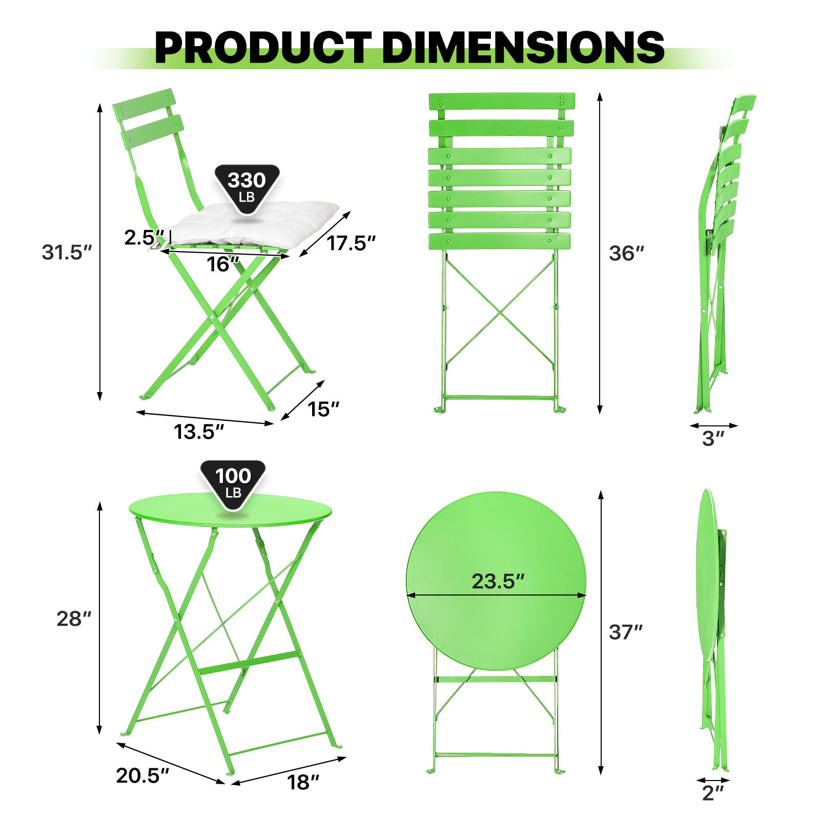 3 Piece Green Patio Table Chairs Set Foldable Garden Patio Furniture w/Cushion