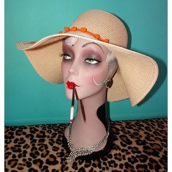 Vintage Feelin' Beachy Ivory Woven Sun Hat with orange pom pom fringe pinup