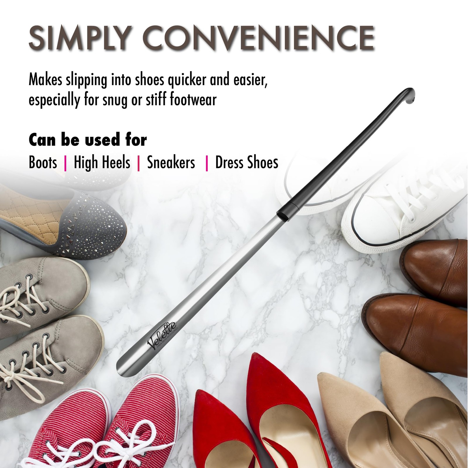 Velette Metal Shoe Horn Long Handle for Seniors - 30" Extra X-Large, Black