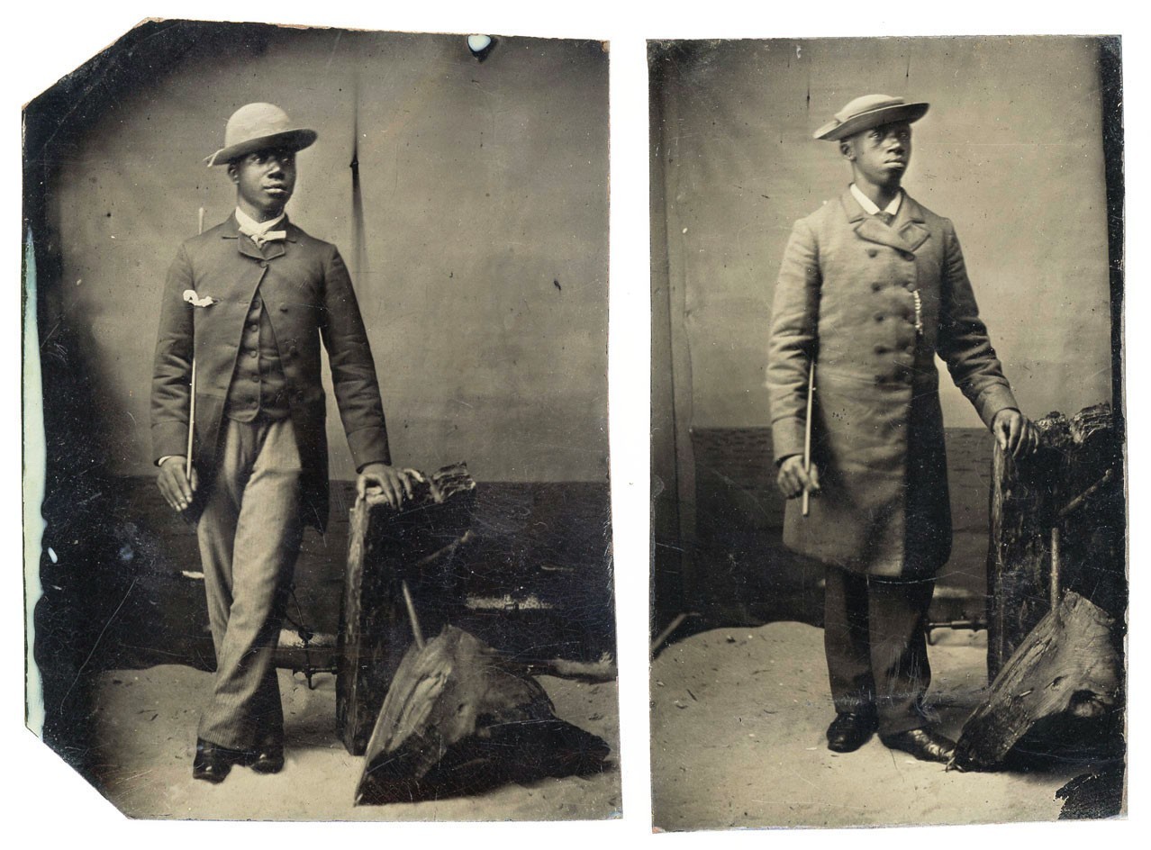 FASHIONABLE AFRICAN AMERICAN BLACK MAN TWICE OR BROTHERS TINTYPE PHOTO PAIR
