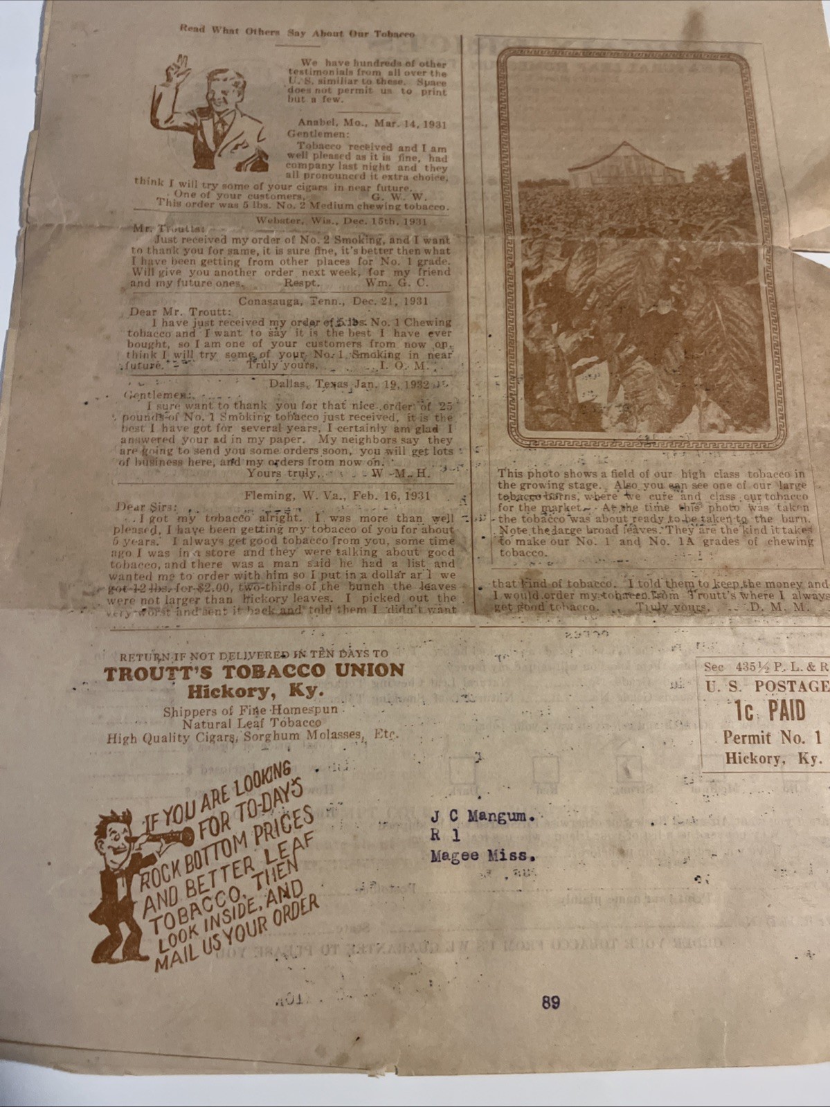 1920s letter from L.O. Troutt of Troutt's Tobacco Union To Long Lost Customer