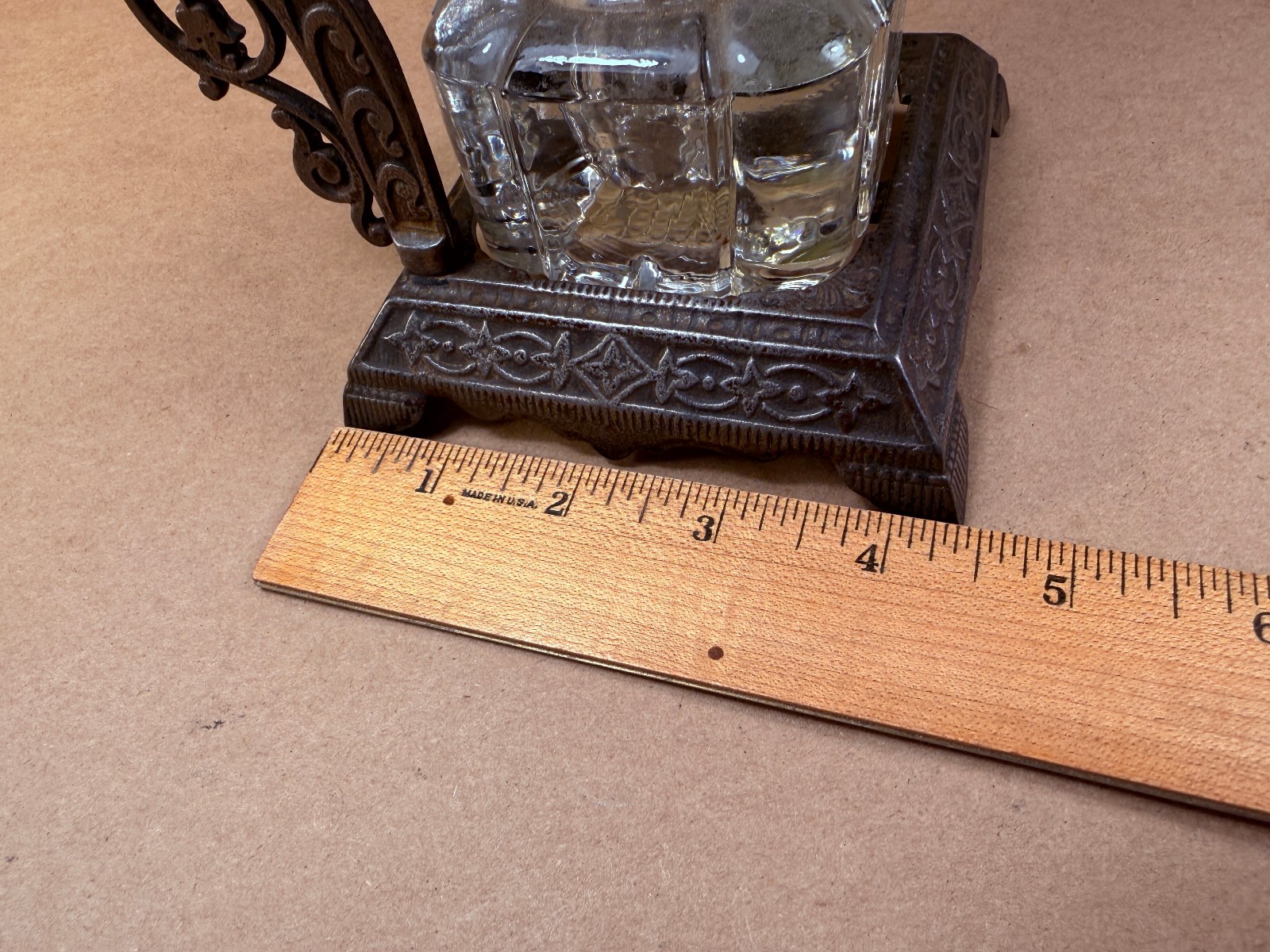 Antique Victorian Cast Iron Inkwell and Pen Holder with Glass Inkwell