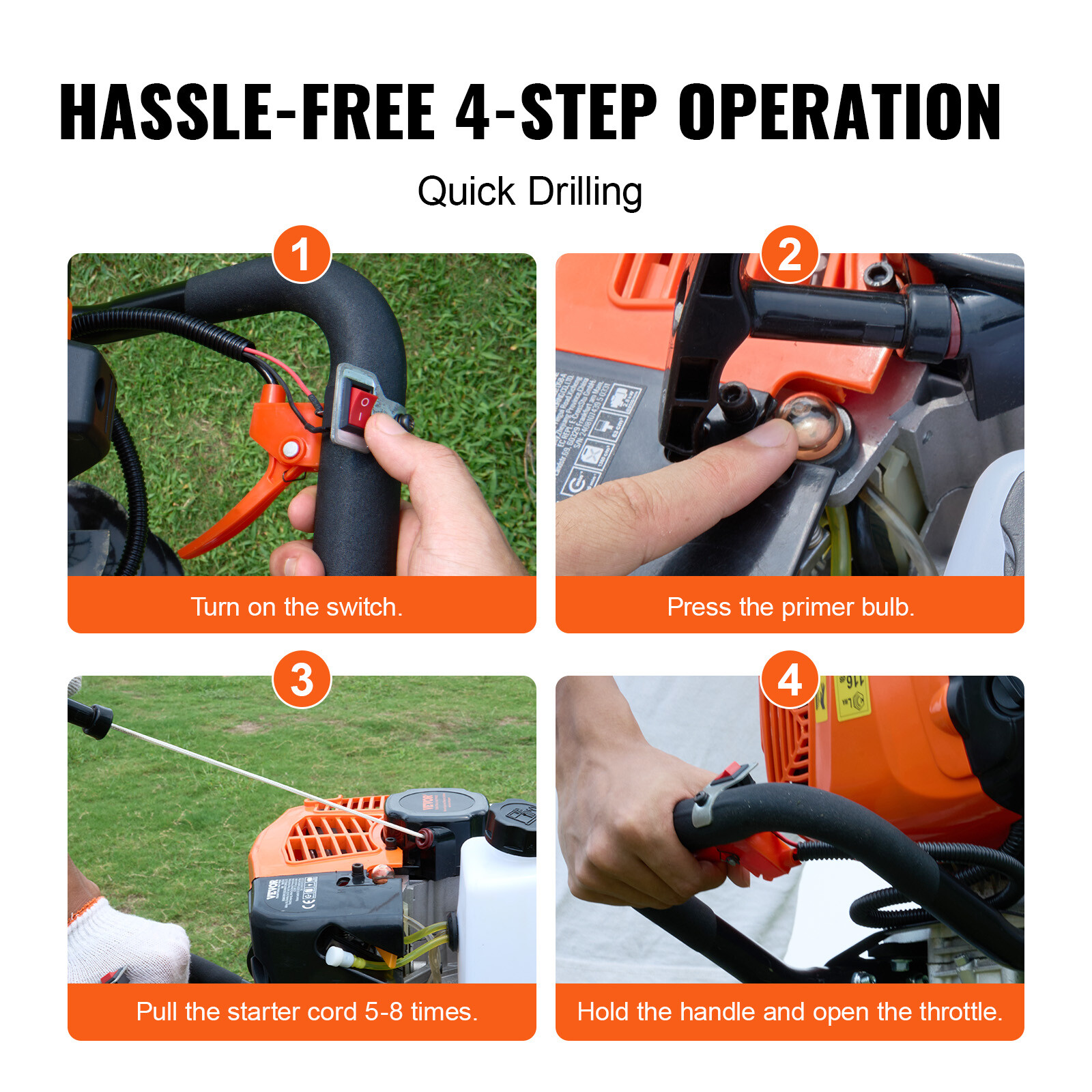 Gas Post Hole Digger 63CC 2400W with 8” Drill Bits & 1 Extension Rod