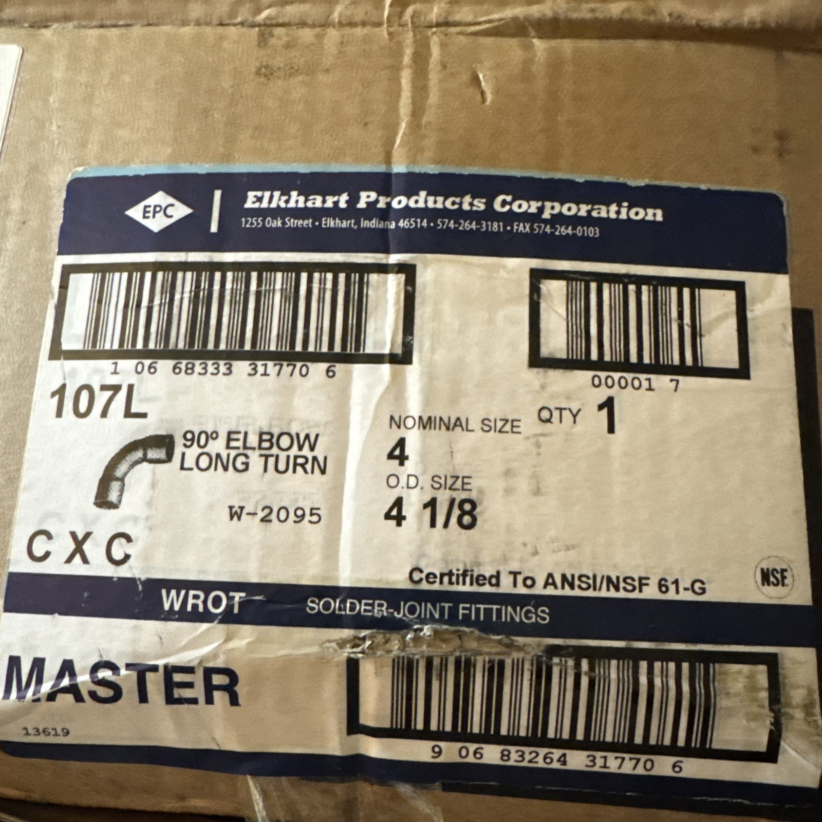 Copper 90 degree Elbow Long Turn 4 inch Elkhart Products Corporation 10031770