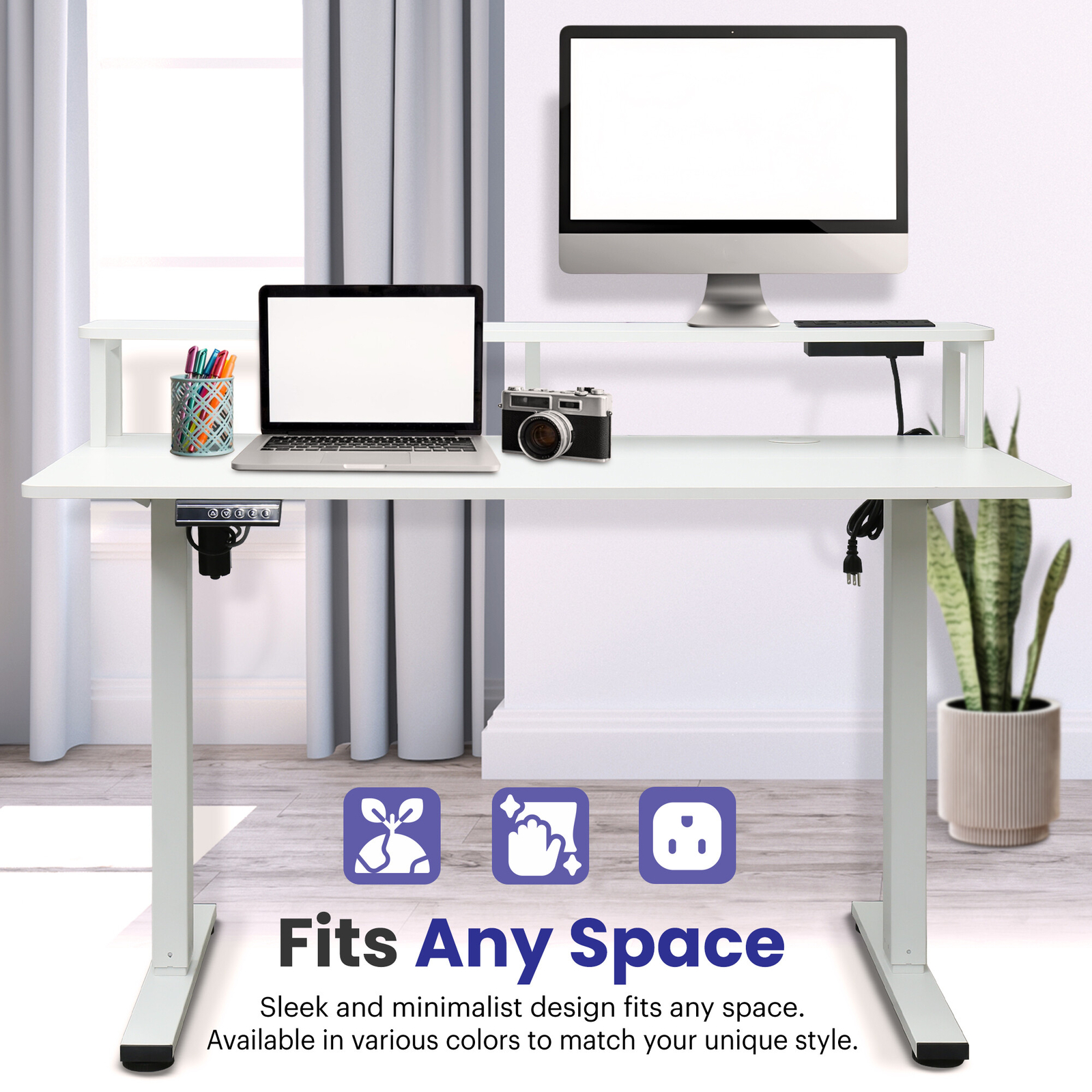 47 x 24 Inch Adjustable Standing Desk Computer Office Table White w/ Power Strip