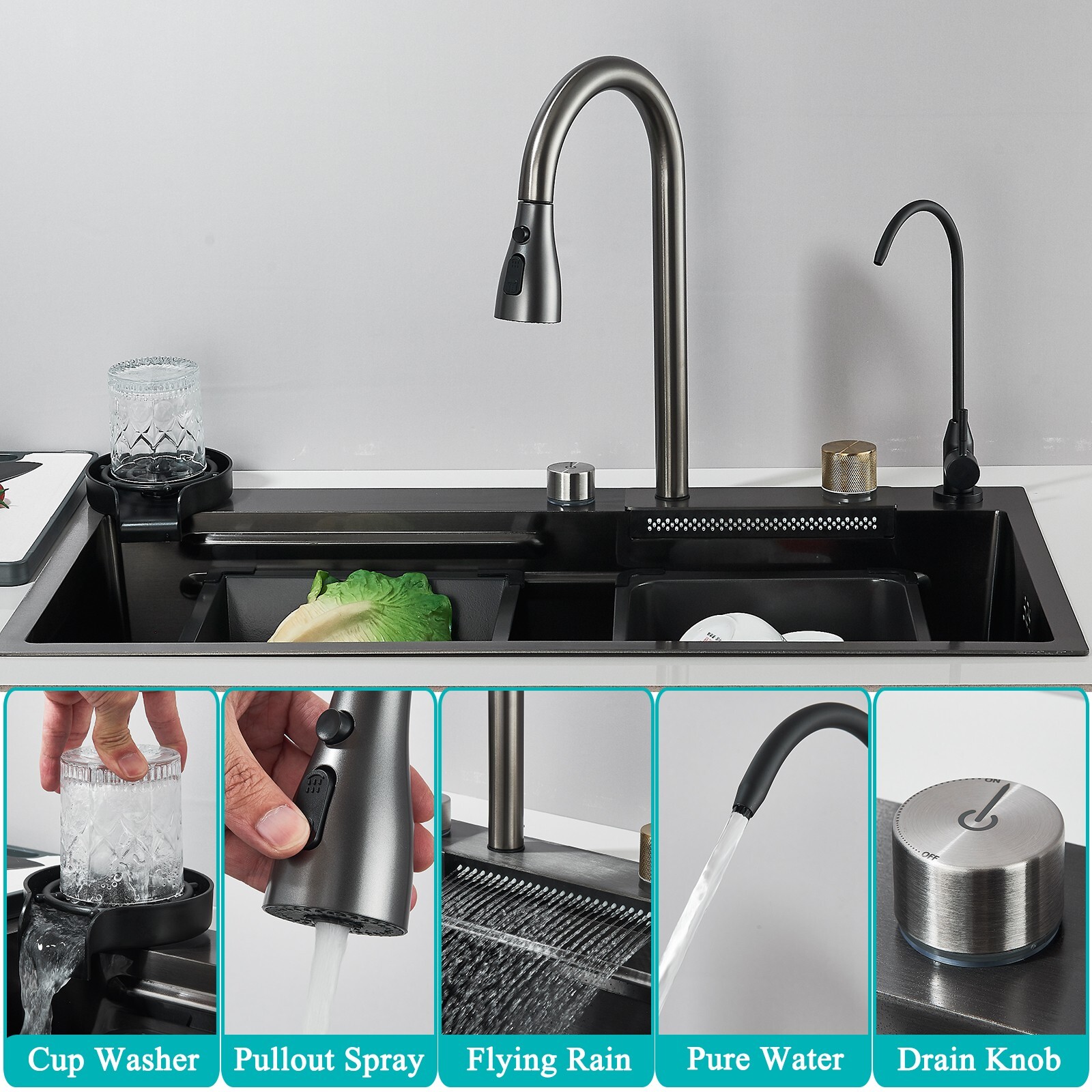 31.5" Flying Rain Stainless Steel Waterfall Kitchen Sink with Faucet Single Bowl