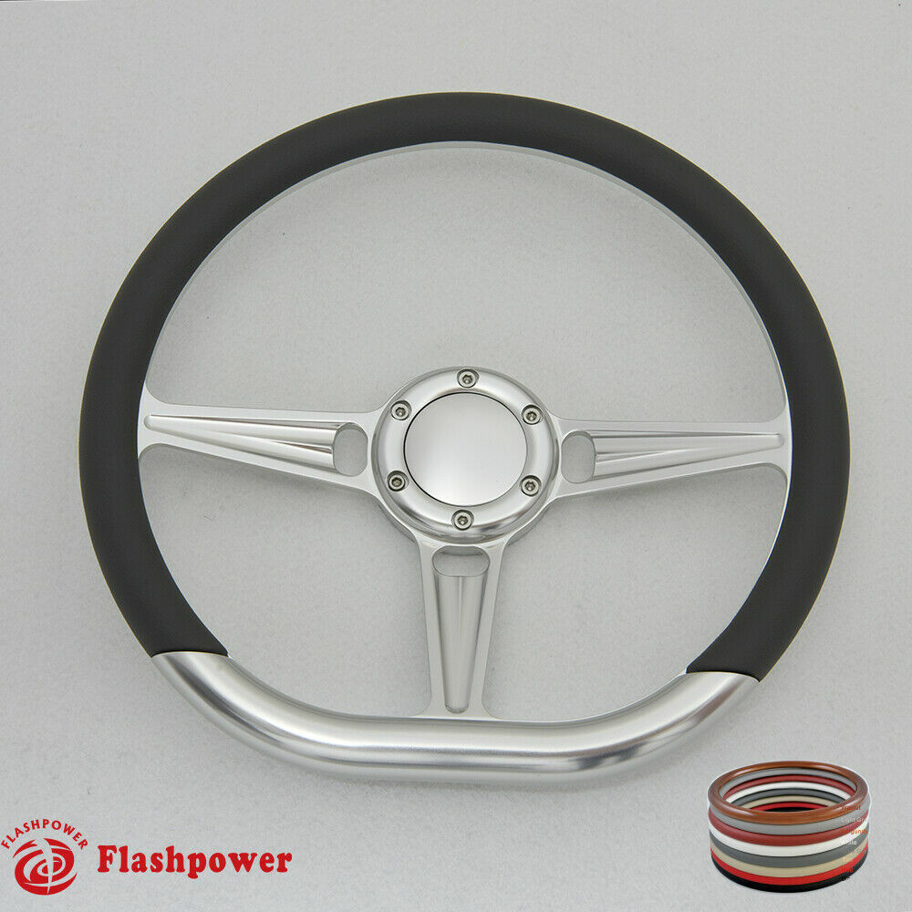 14" D Type Billet Steering Wheel Black Half Wrap Muscle Car GMC W/Horn Button