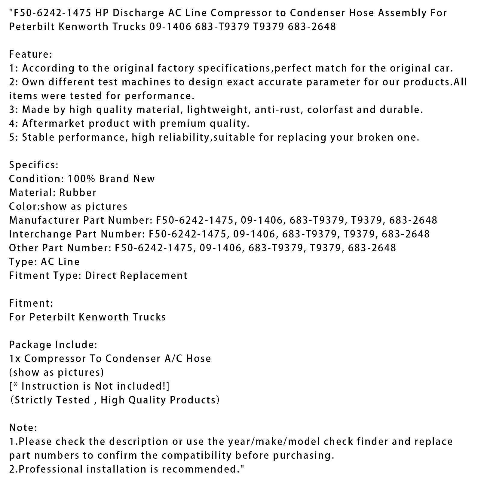 F50-6242-1475 HP Discharge AC Line Hose Assembly For Peterbilt Kenworth Trucks U