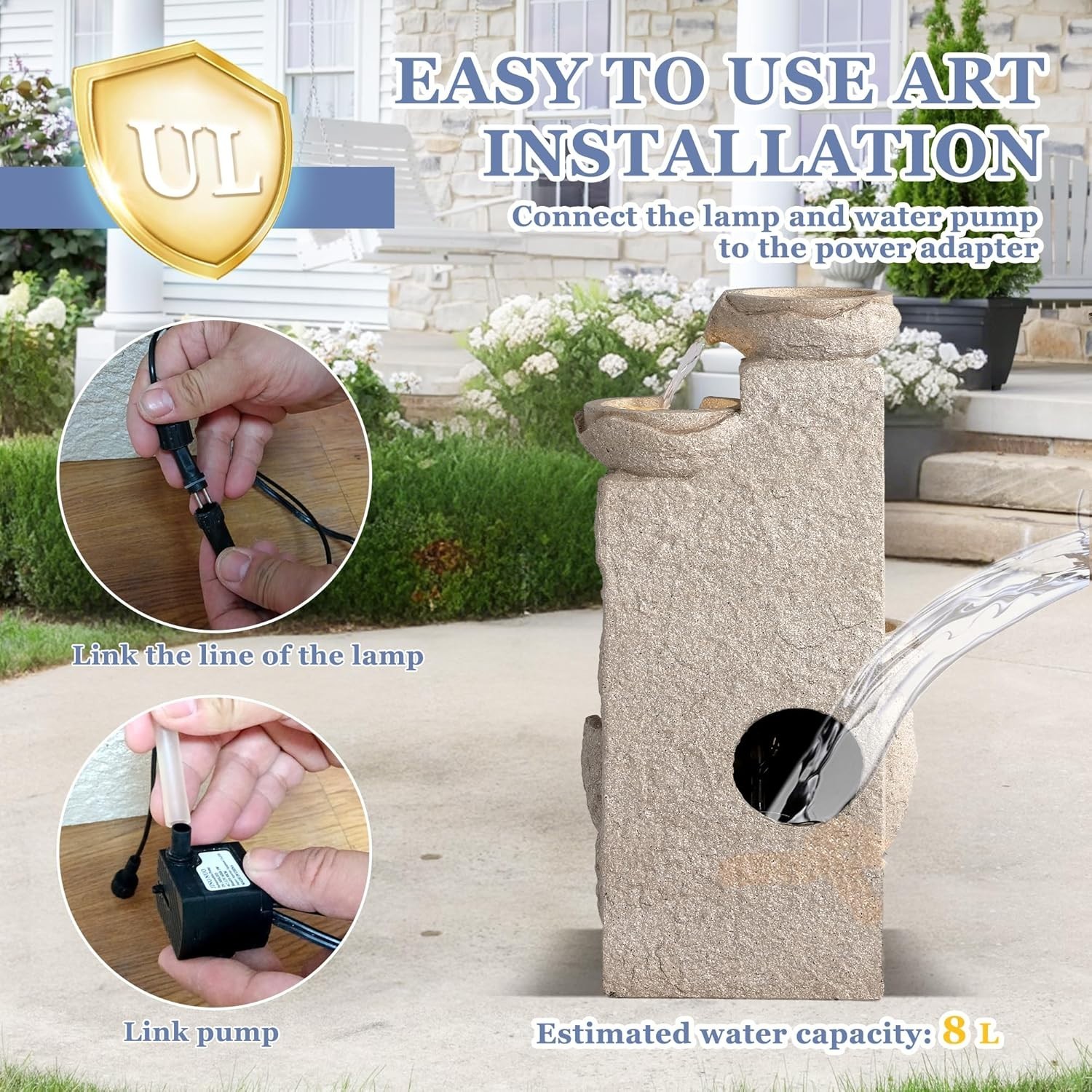 Outdoor 5-Tiers Cascading Rock Water Fountain, Waterfall Fountain with 5 LED