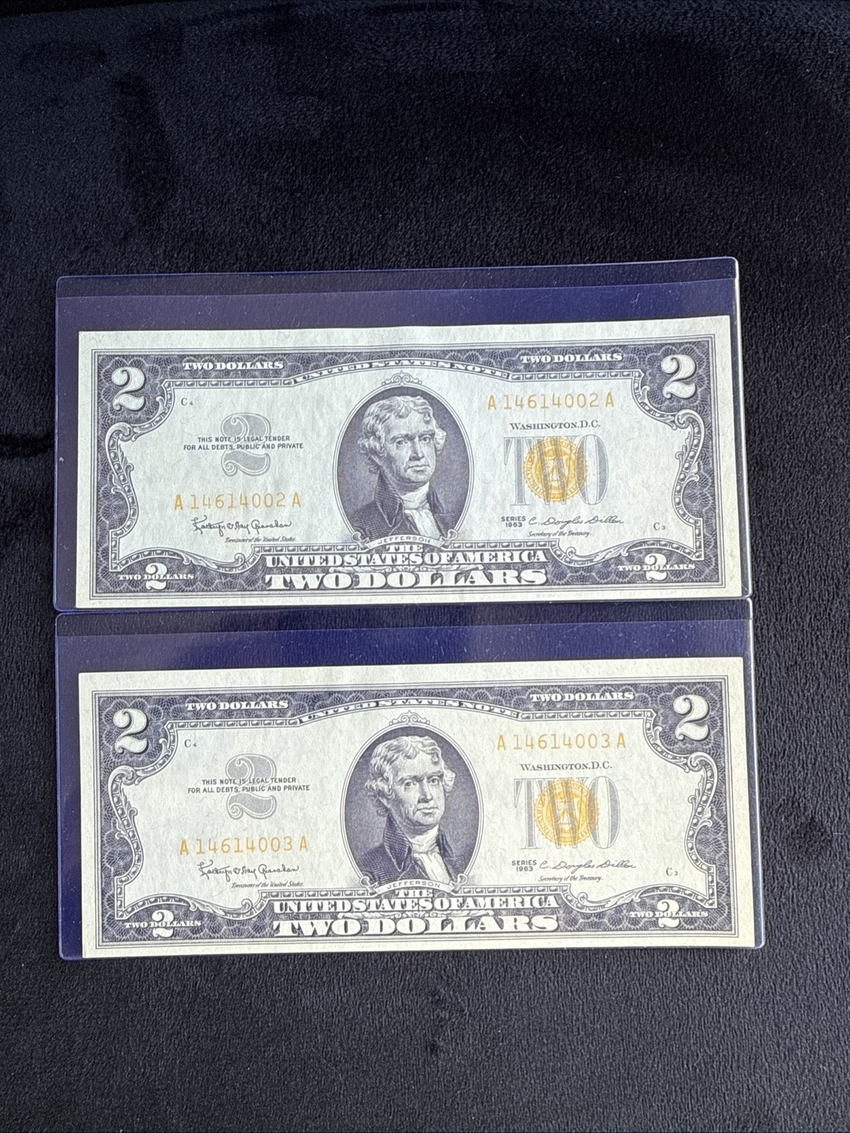 1963  A -2 Consecutive- $2 Dollar Bill ( Yellow SEAL🔥)