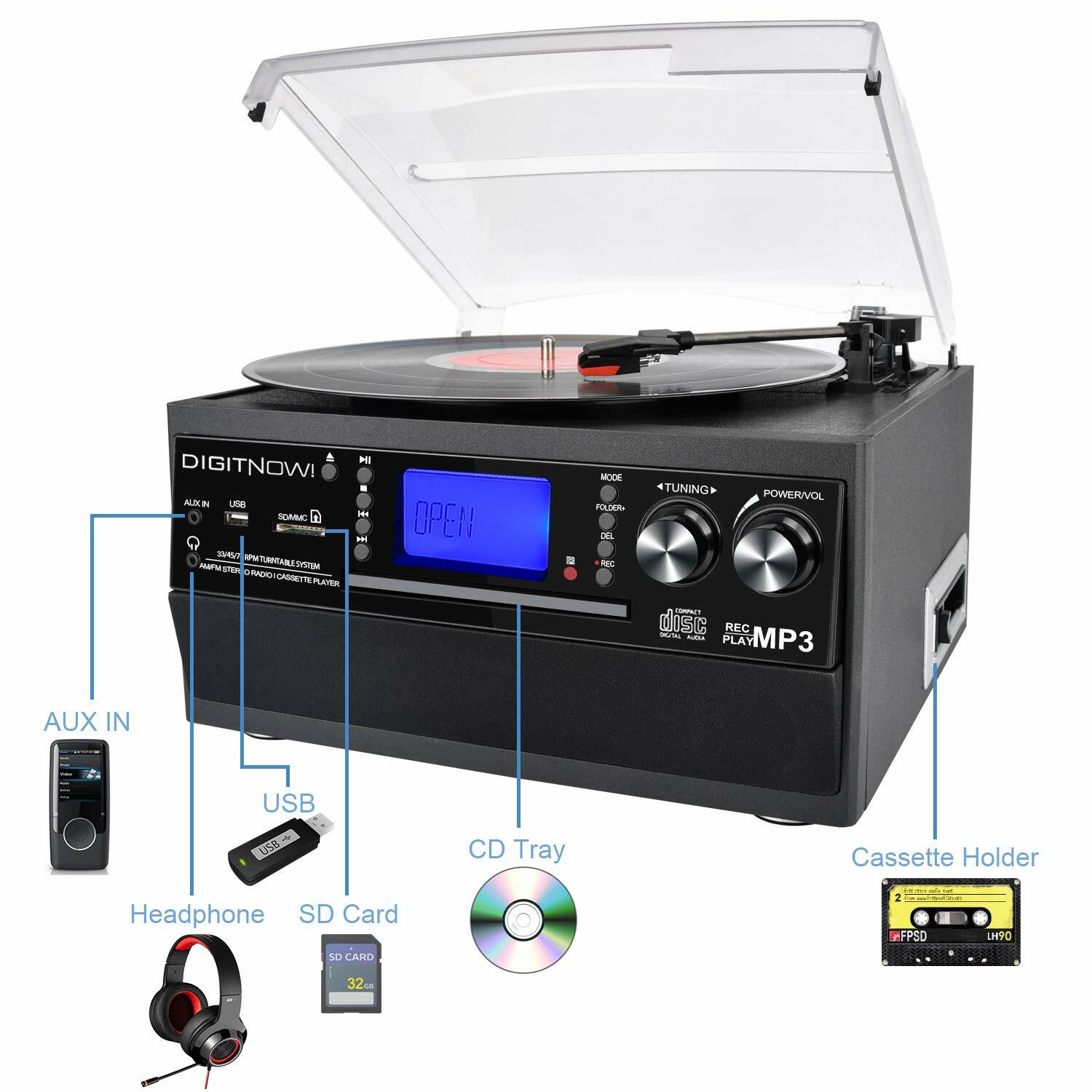 Bluetooth Record Player Turntable with Stereo Speaker, LP Vinyl to MP3 Converter