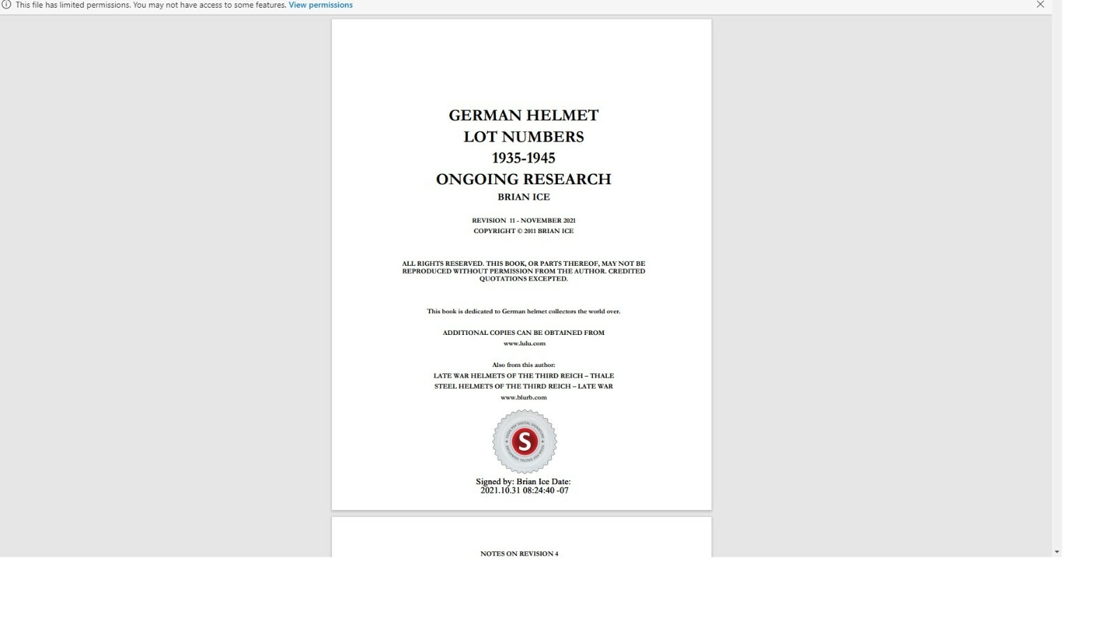 PDF FILE - 11  GERMAN HELMET LOT NUMBERS 1935-1945  REVISION - 11  COMPUTER FILE