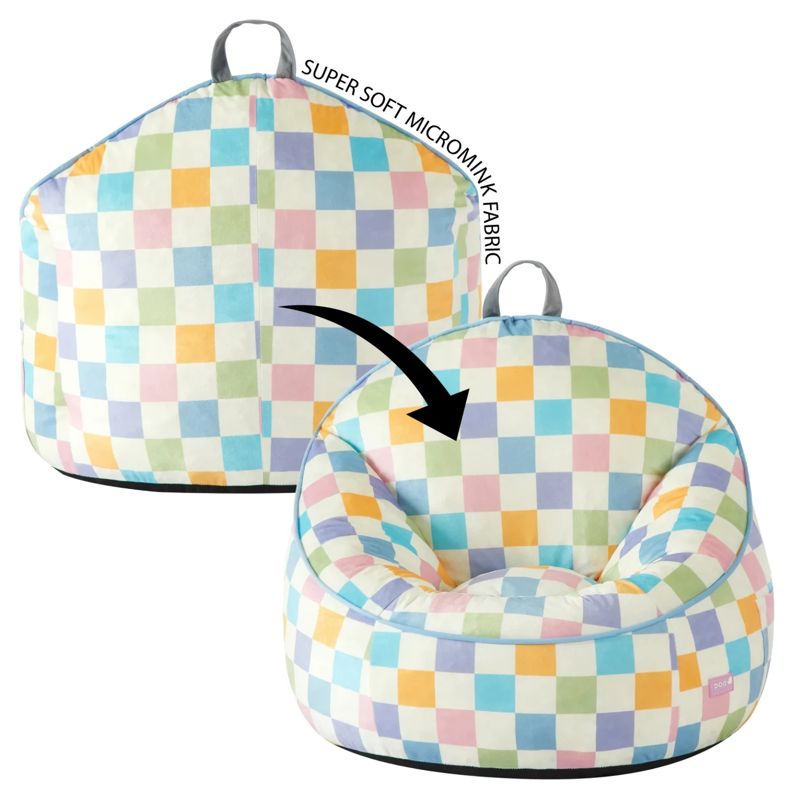 Compressed Foam Bean Bag Chair for Kids, Rainbow Checkerboard, New
