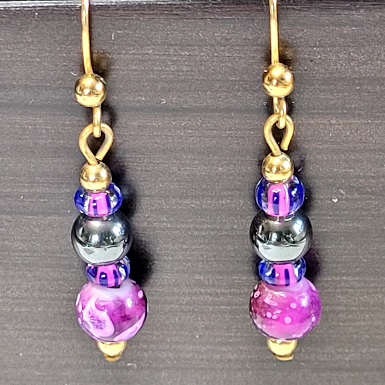 Goldtone Purple, Black, And Gold Beaded Pierced Hook Earrings