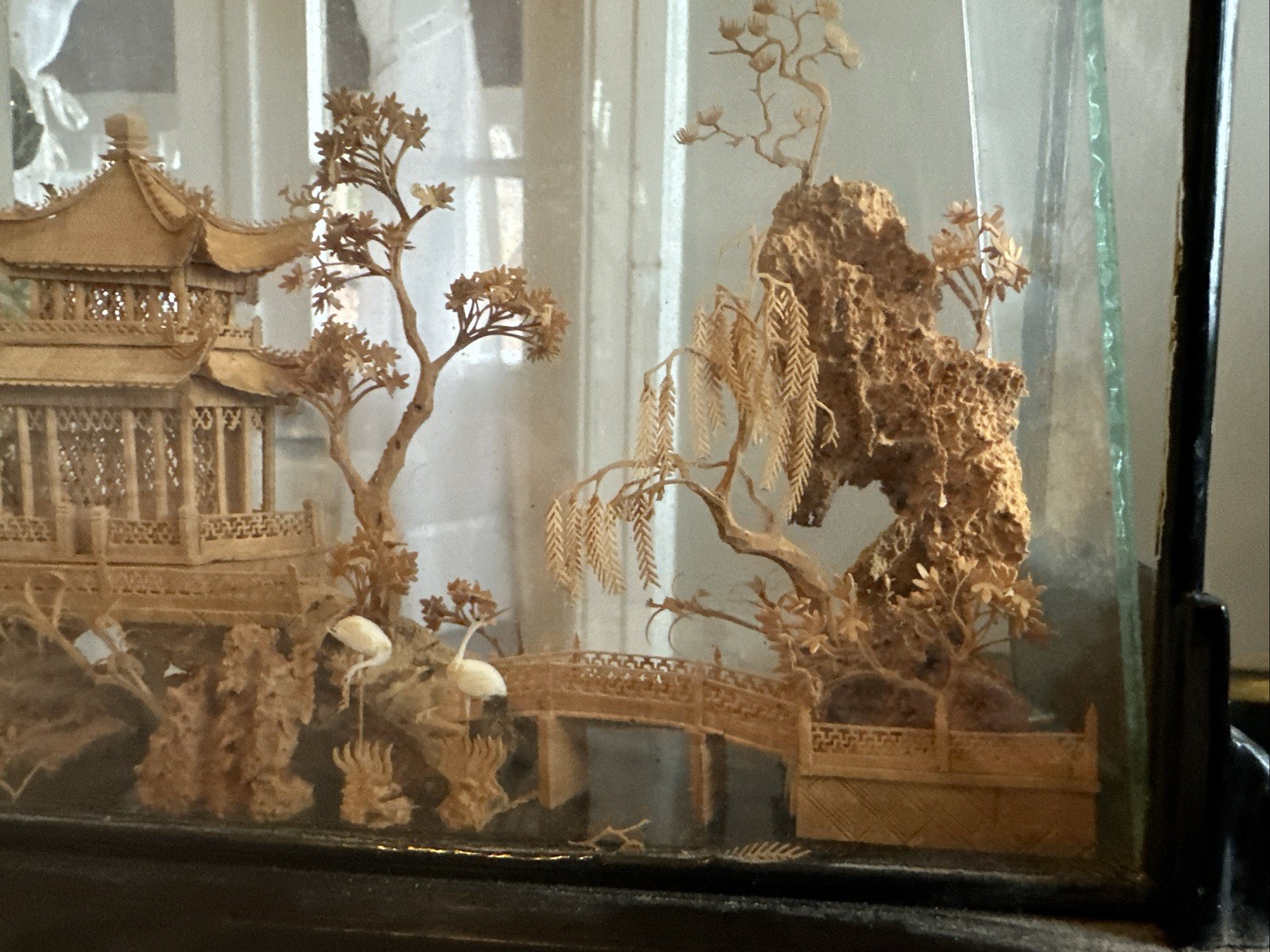 VTG Fujian Chinese Art Sculpture Diorama Cork Wood Carving Trees Crane Pagoda