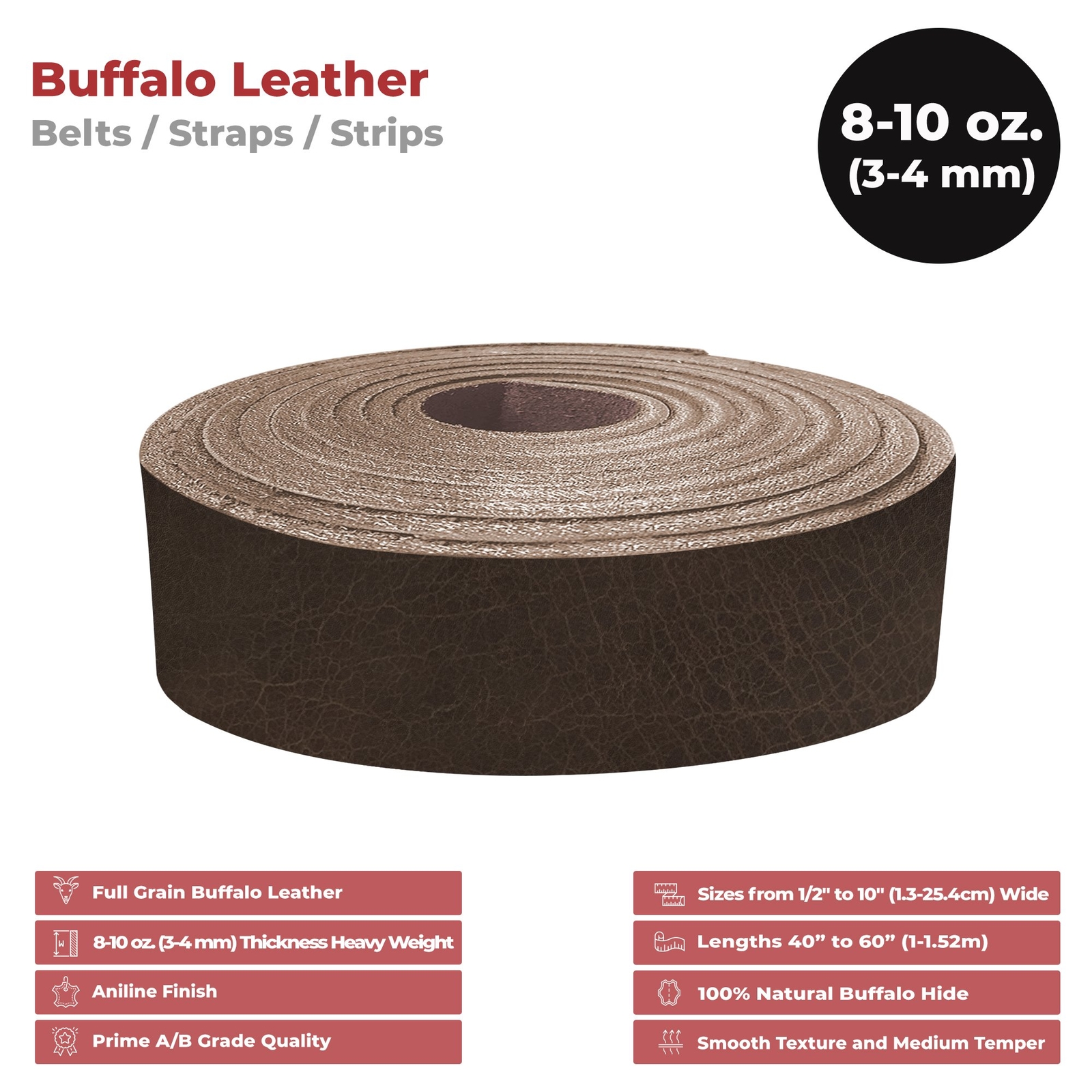 European Leather Works - Buffalo Belt Blanks 8-10 oz (3-4mm) 40-60" Leather