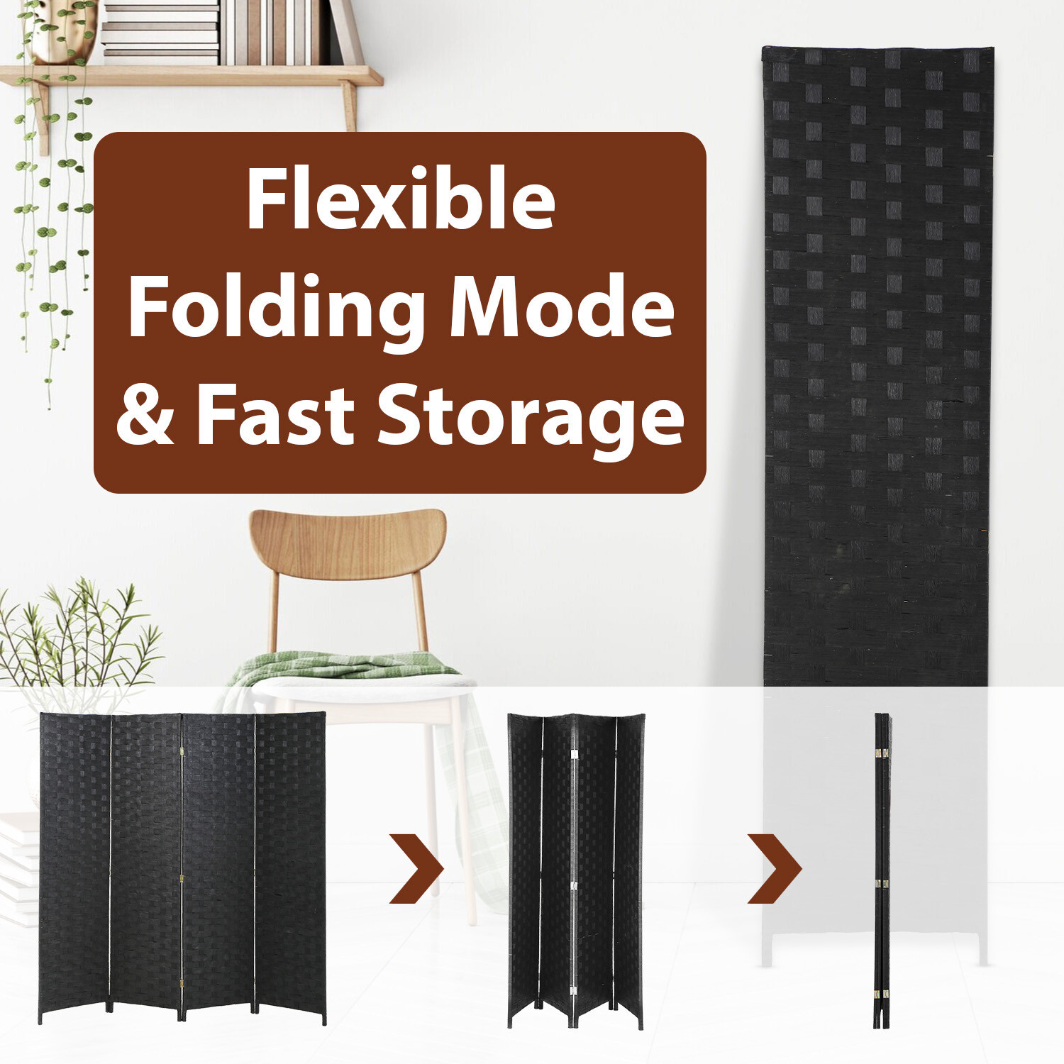 Room Divider 6FT Wood Mesh Hand-Woven Room Divider, 4-Panel Indoor Folding Black