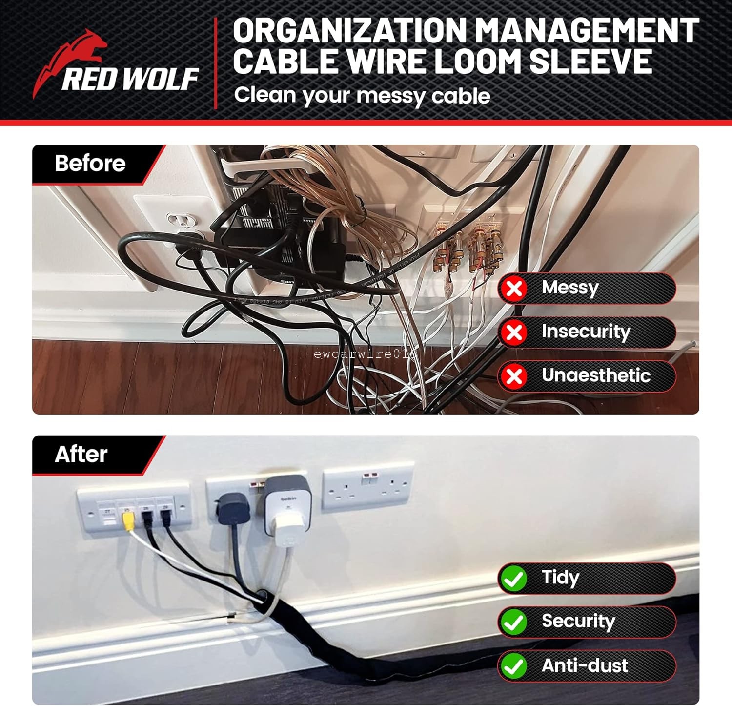 10FT Split Braided Cable Sleeve Self Wrap Wire Loom Cord Management Protector