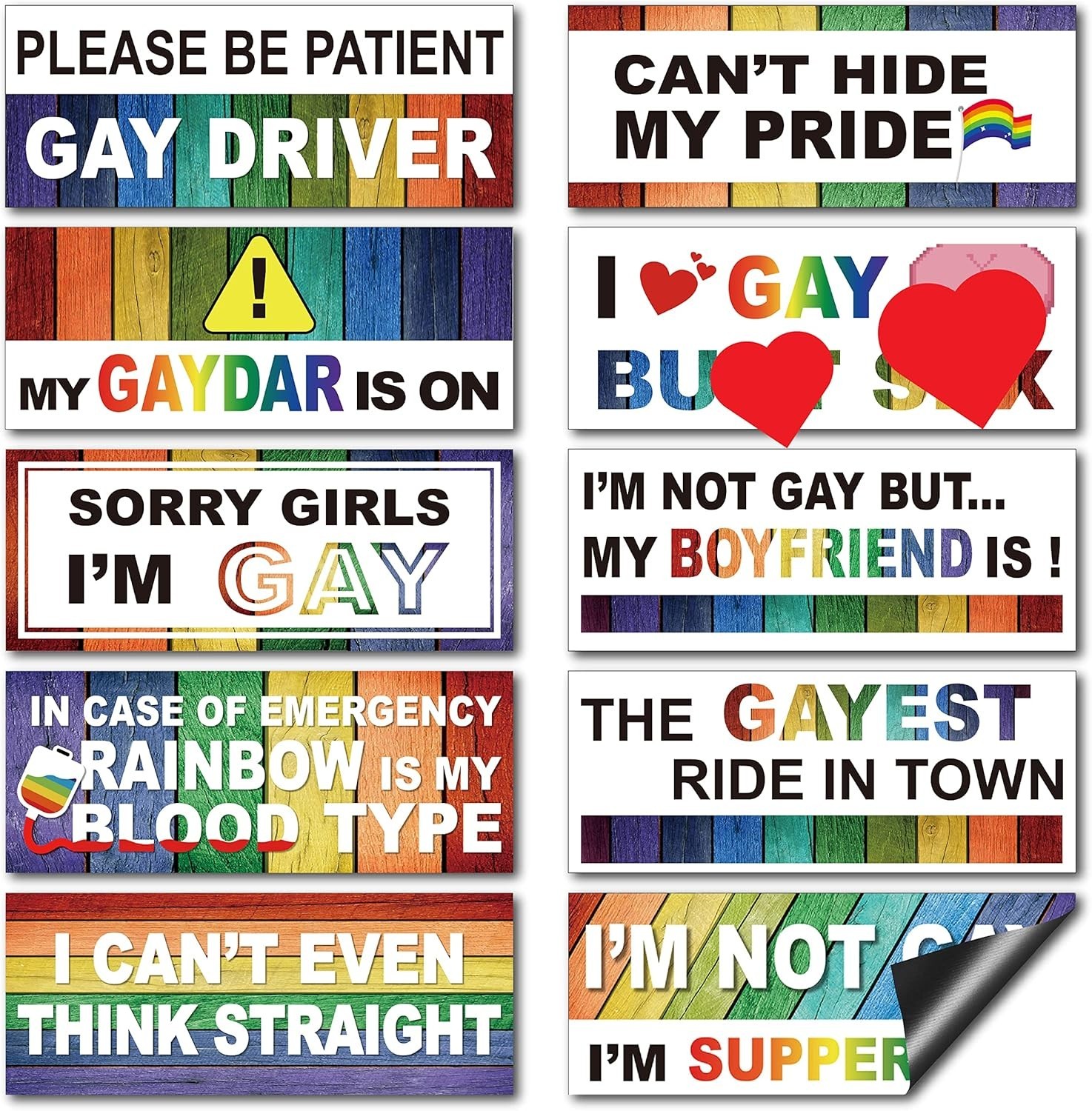 10-pack Magnetic Rainbow Bumper Decals, Funny Gay Pride Car Stickers for Vehicle
