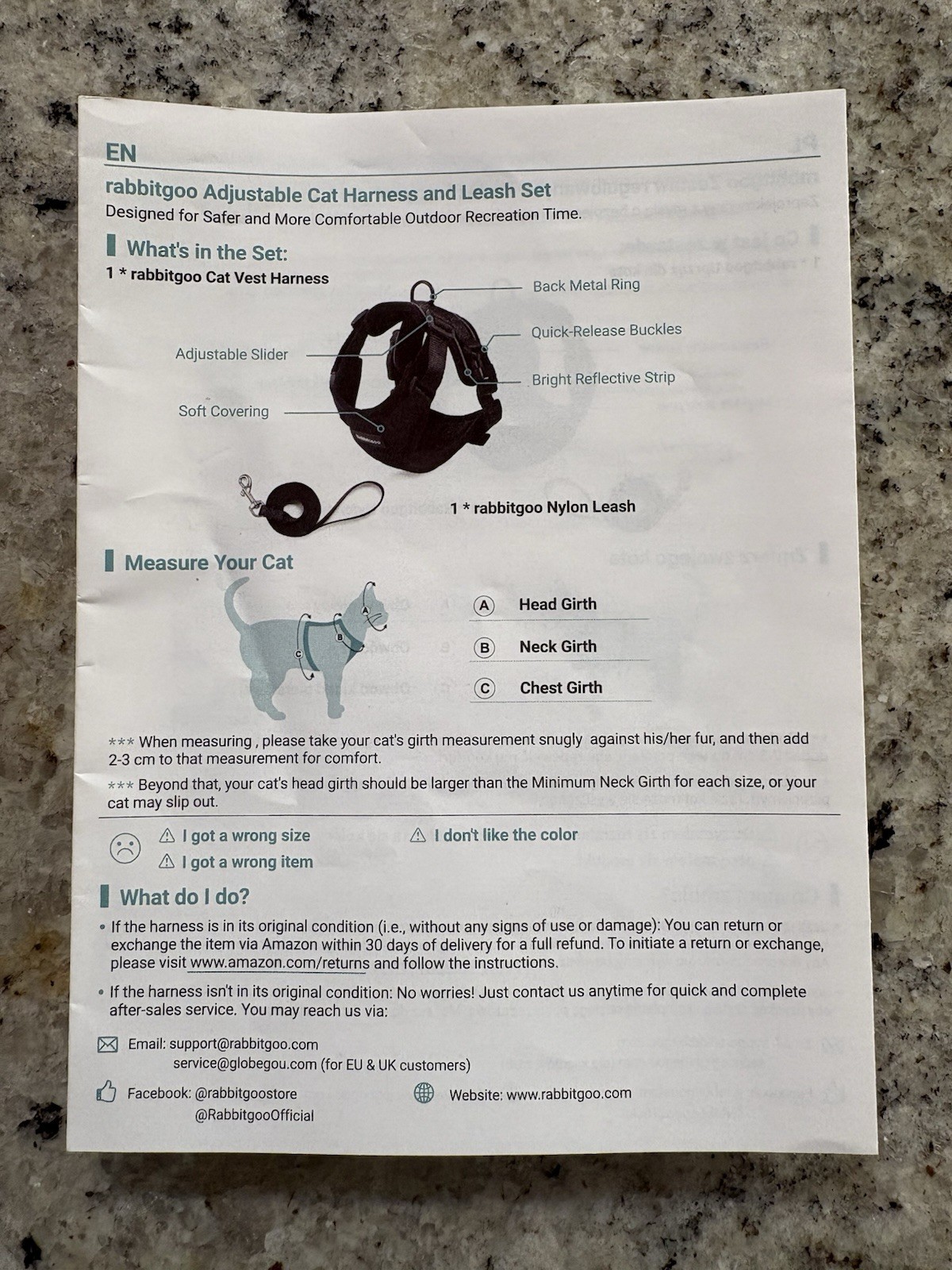 Rabbitgoo Cat Harness & Leash Set - Escape Proof Reflective Strips Black Size XS