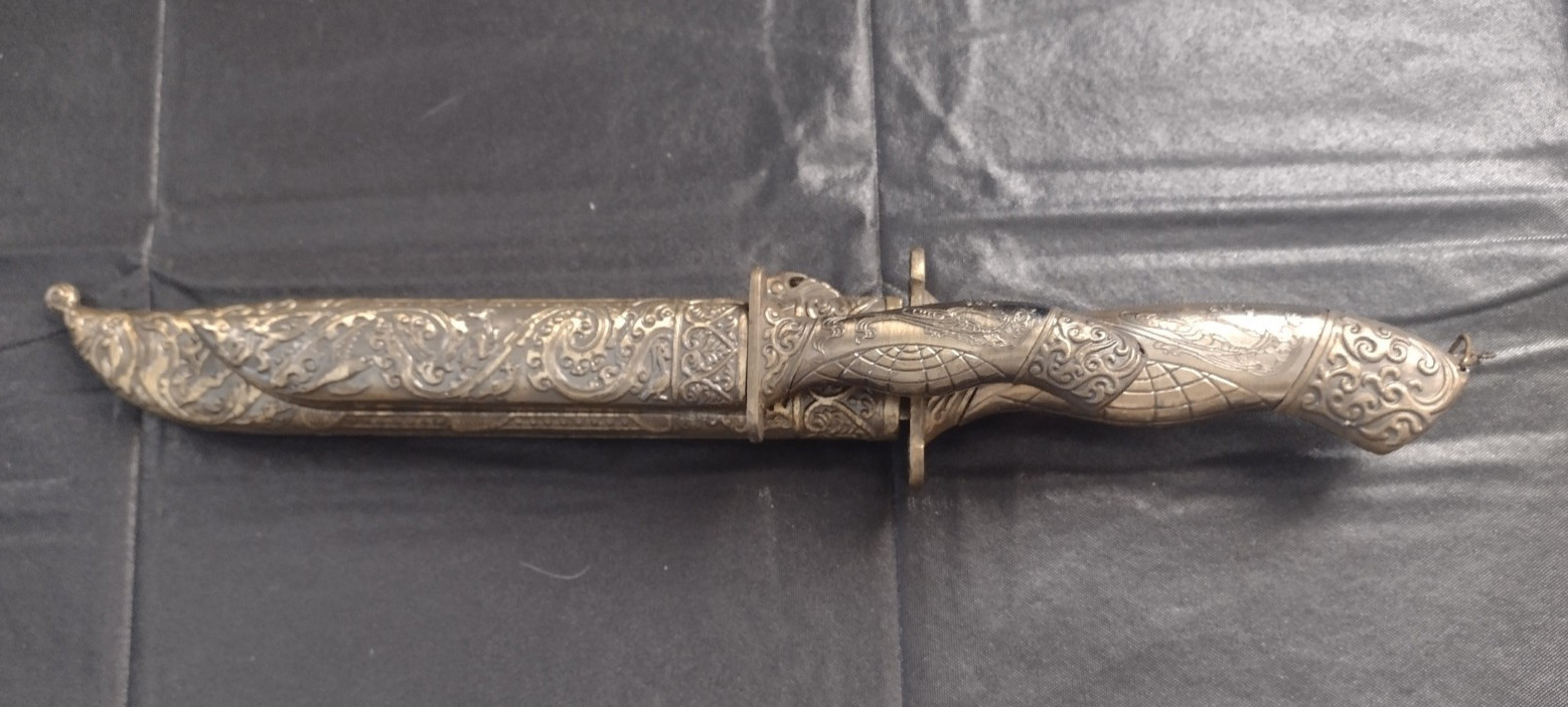 2 Decorative Ornate Brass Handled Dagger Knives with Brass PiggyBack Sheath