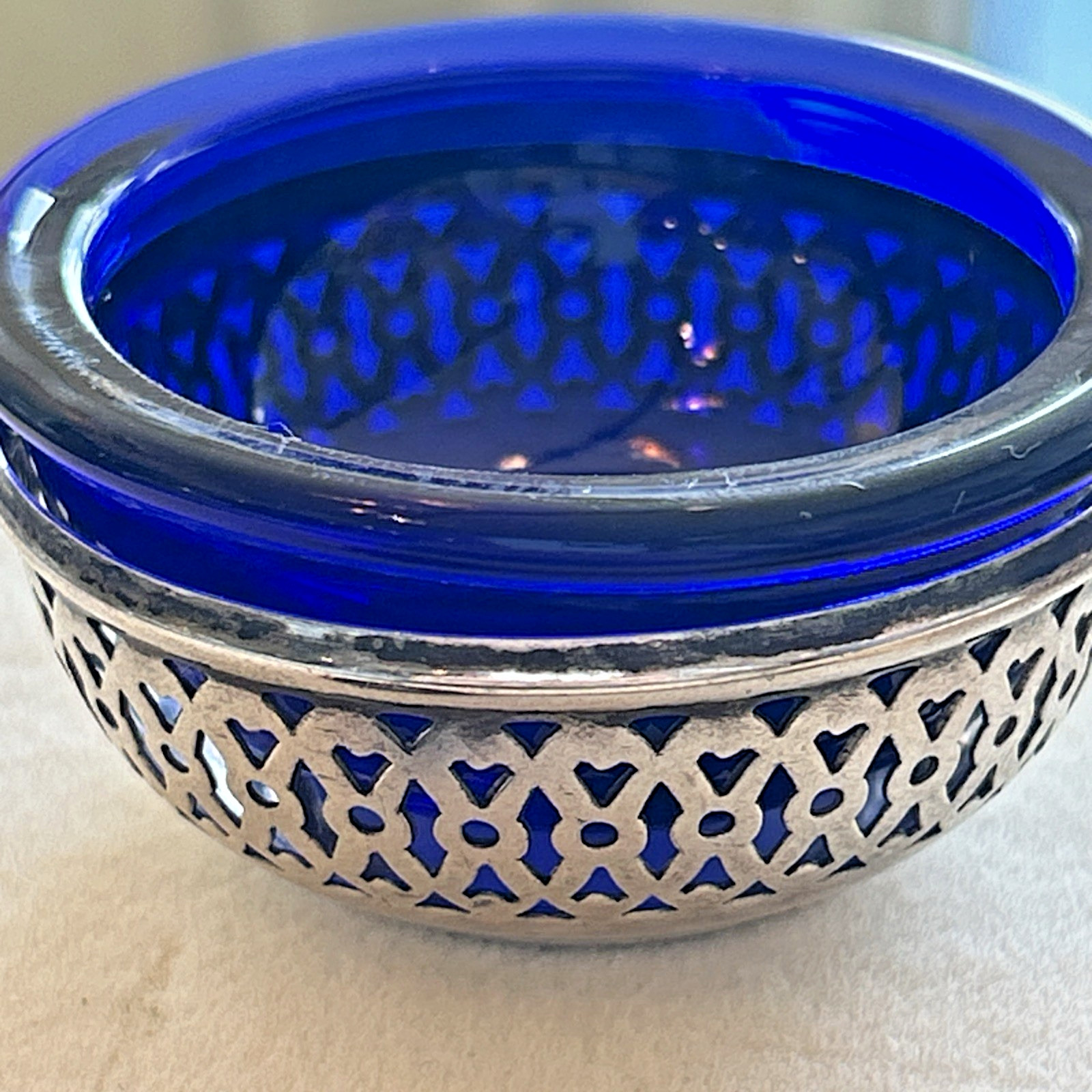 Lot of 2 Antique Webster Salt Cellars 2 Spoons Sterling Silver Blue Cobalt Glass