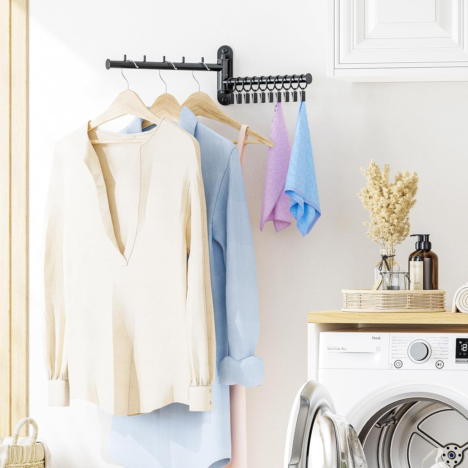 Wall Mounted Drying Rack, 2-Tier Laundry Drying Rack with Swing Arm, Space-Savin