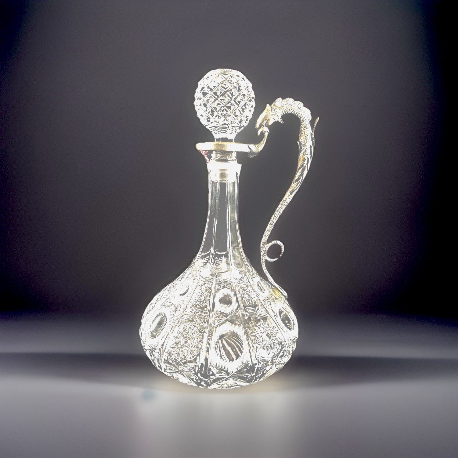 Glass Crystal Decanter Dragon Handle 11.5" Tall Italy