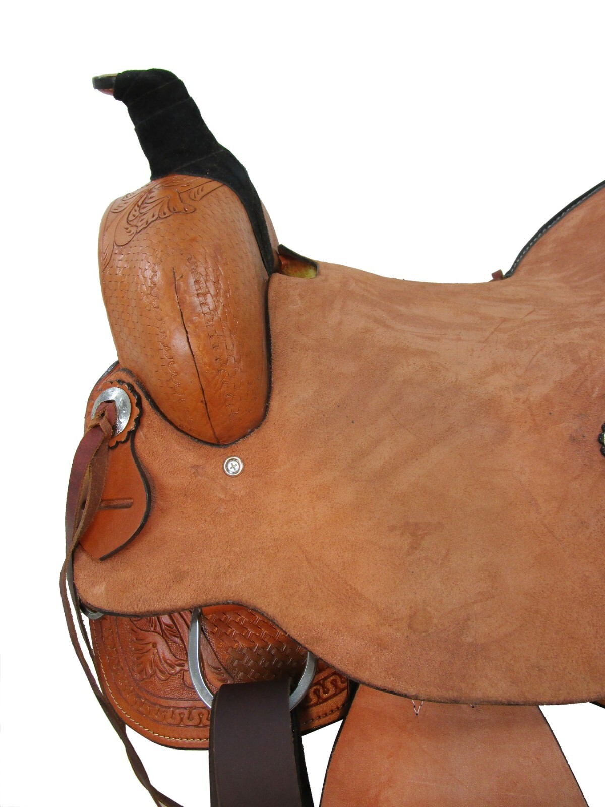 TRAIL SADDLE WESTERN HORSE PLEASURE BASKET WEAVE TOOLED USED LEATHER 15 16 17 18
