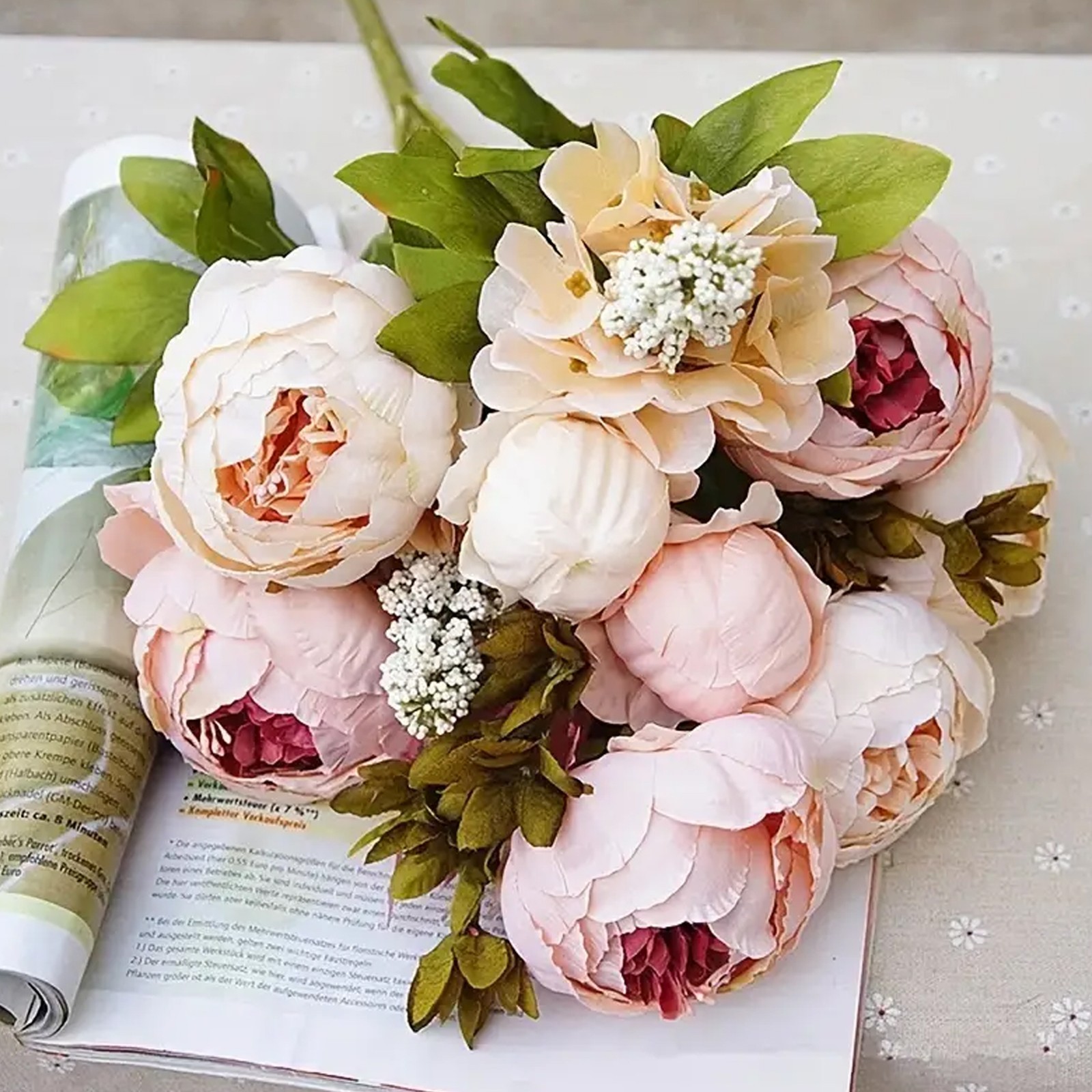 A bouquet of European-style faux peony silk flowers for home decor