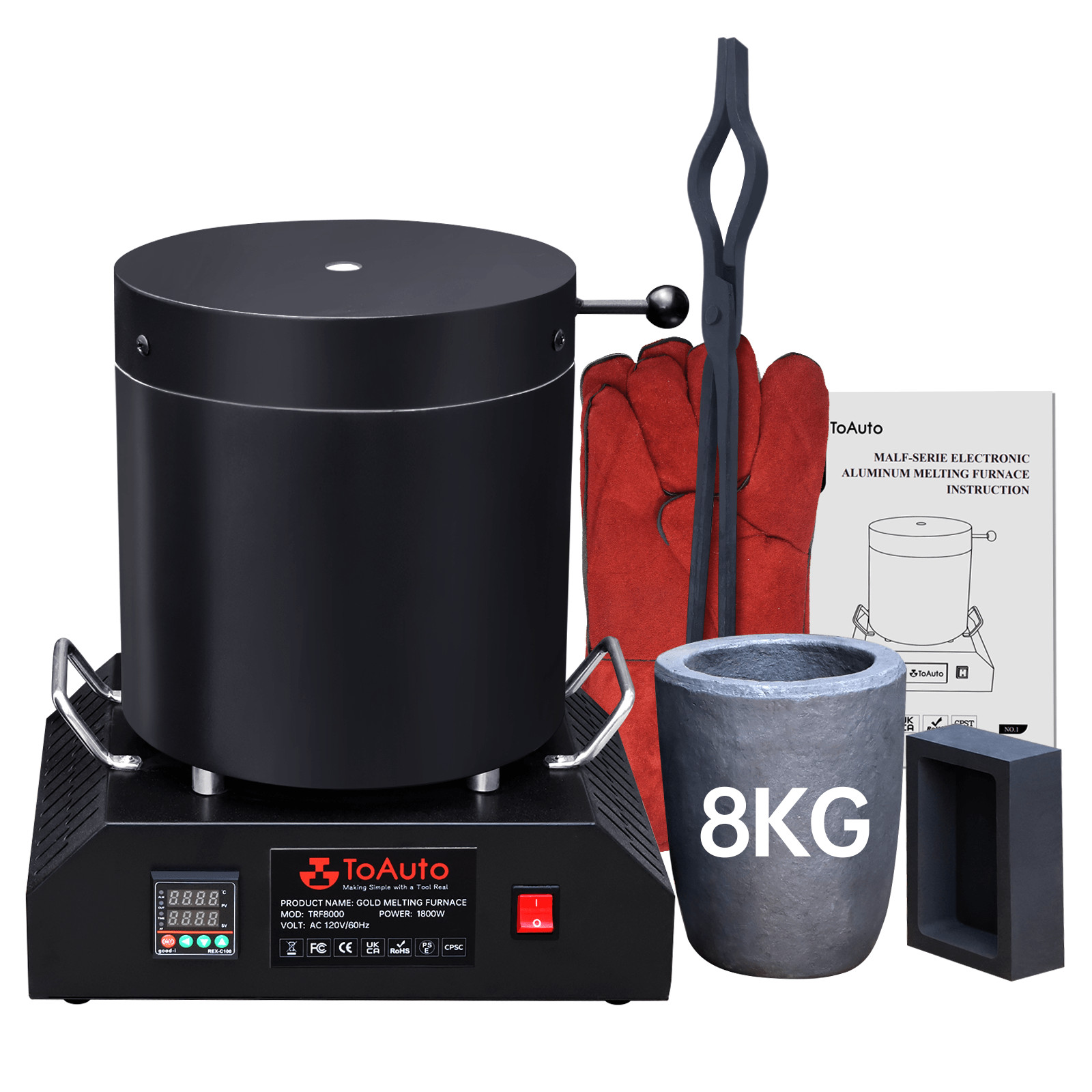 TOAUTO 8KG Aluminum Melting Furnace 1800W Smelter Casting Ingot Mold Kit 999℃