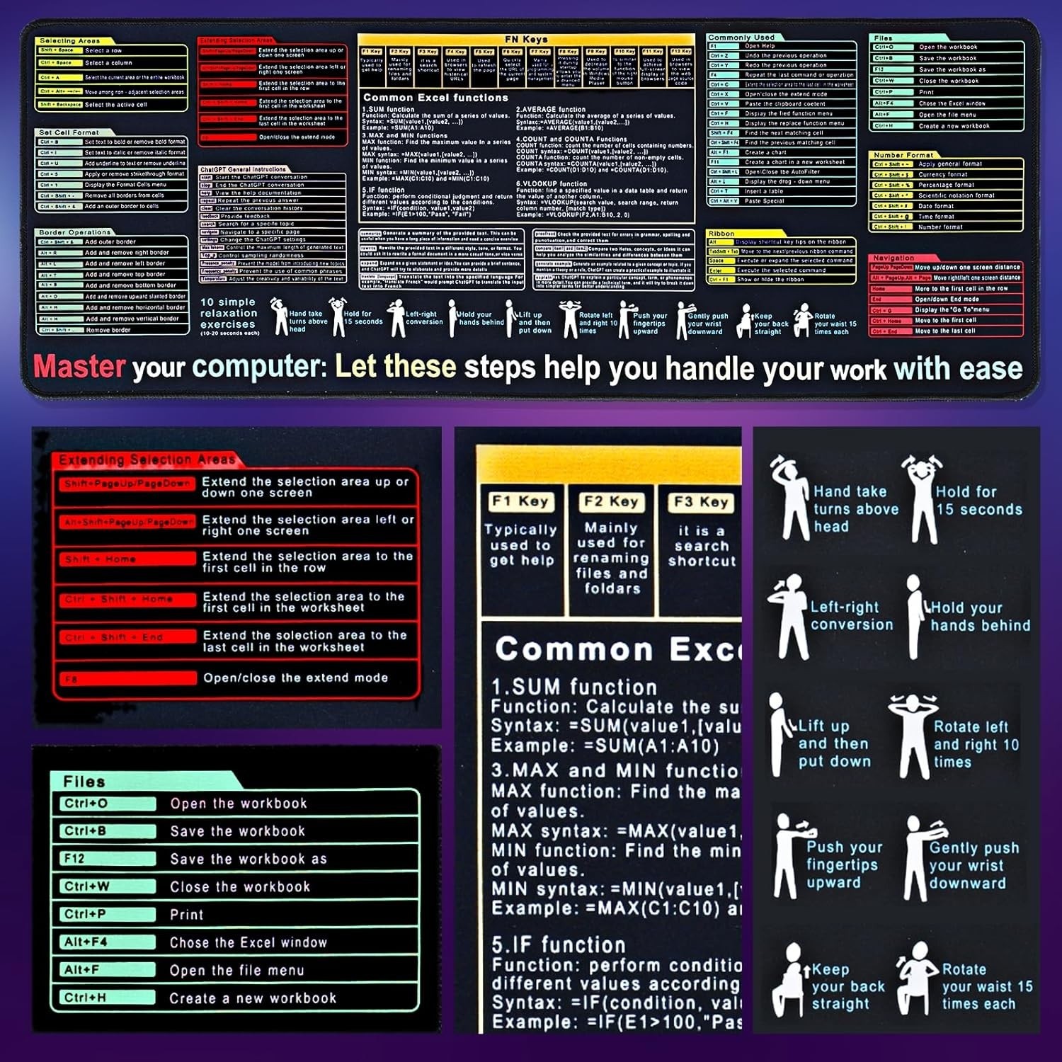 Excel Cheat Sheet Desk Pad Mat (11.8X31.5In) - XL Excel Formulas Shotcuts Mouse