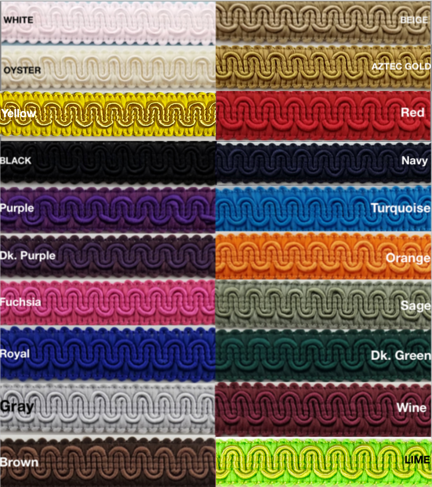 1/2" Scroll Braid Gimp w/ Backing - 10 Continuous Yards - Many Color Options!