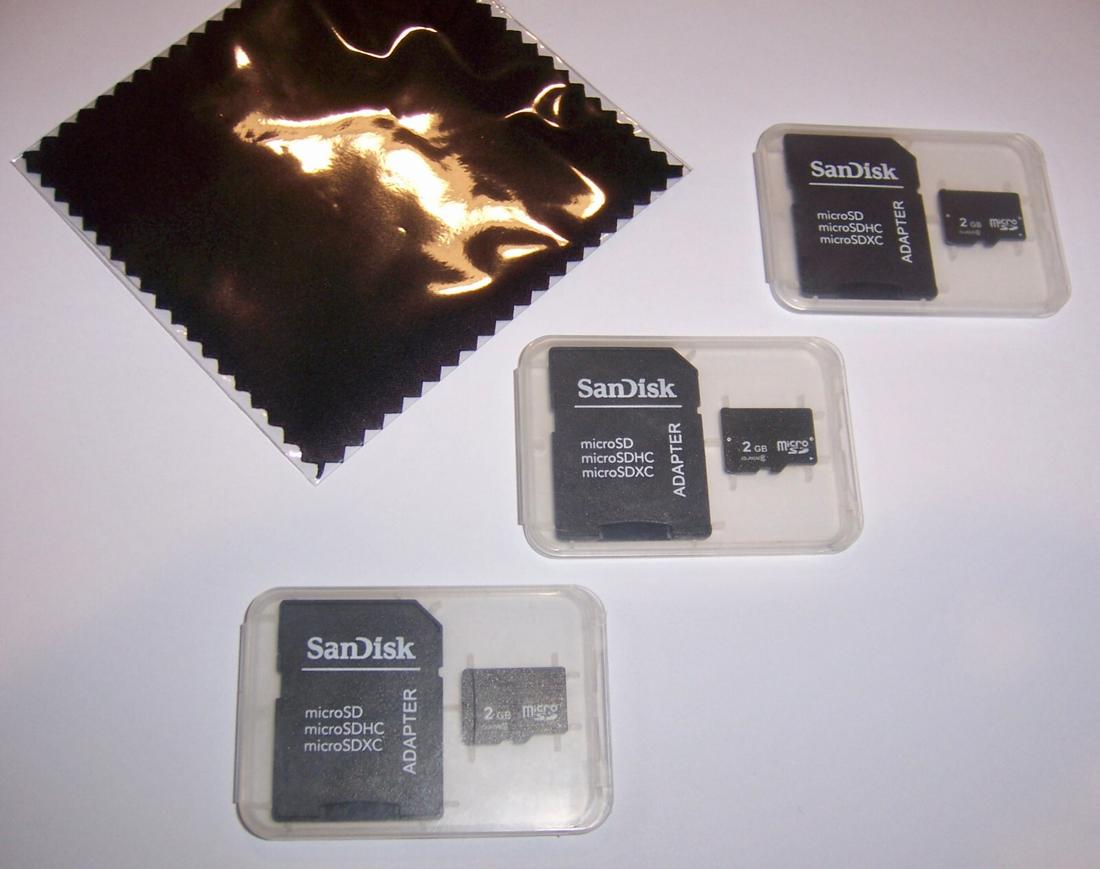 Lot of 3 New 2GB Micro SD Memory Cards, 2 GB MicroSD + Cleaning Cloth - USA
