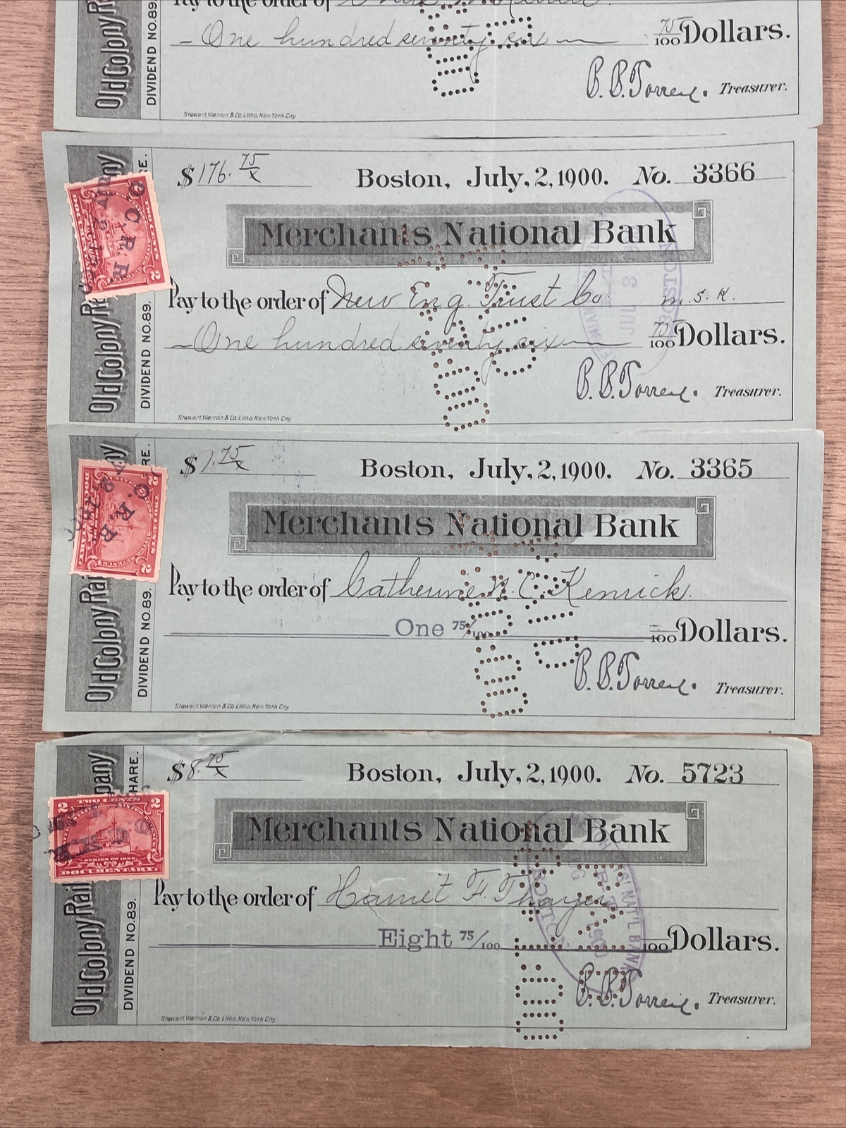 4 Vintage 1900 Merchants National Bank Boston Canceled Checks 2 Cent Stamps