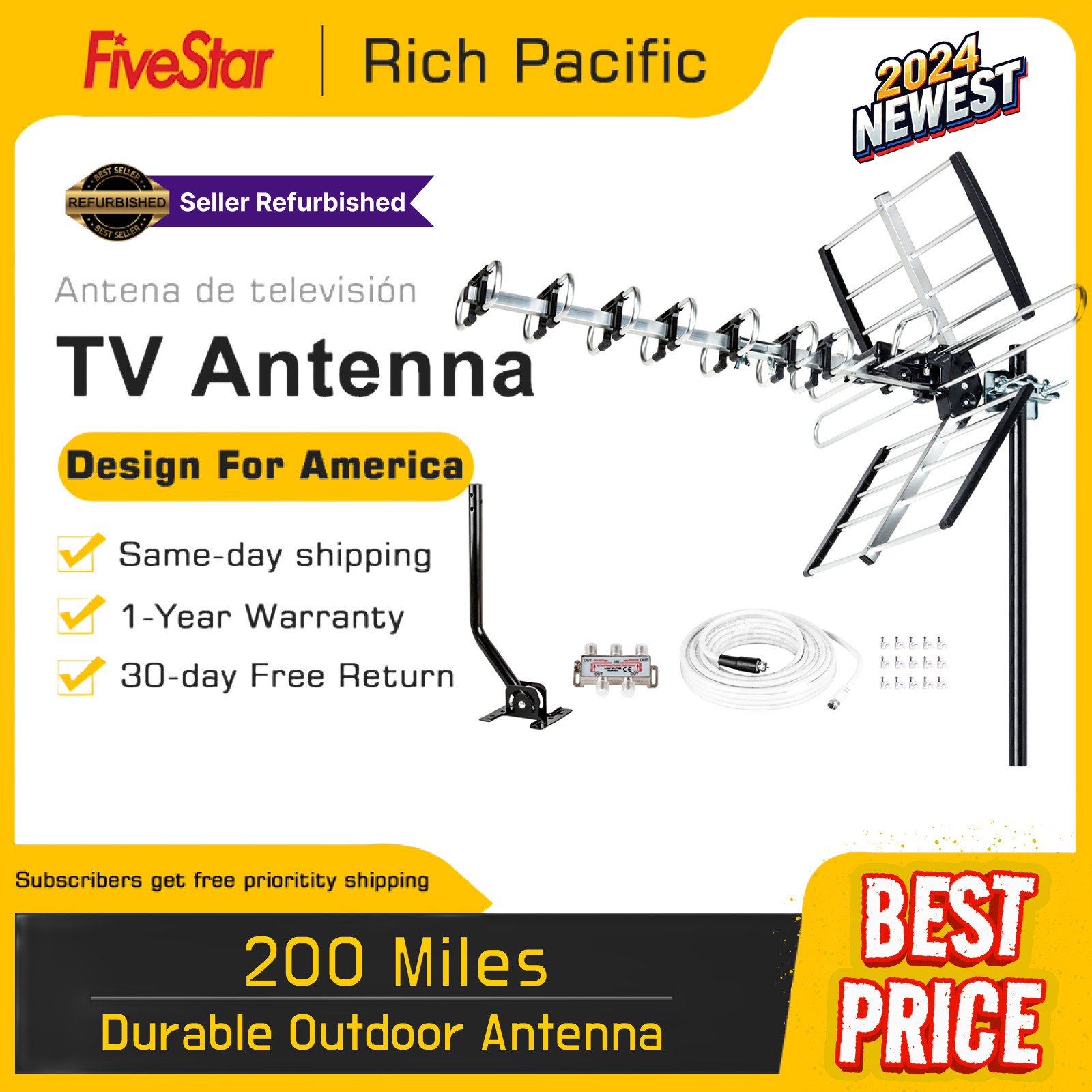 2025 HIGHQUALITY ANTENNA HDTV OUTDOOR UPDATED AMPLIFIED VHF UHF FM + KIT & POLE