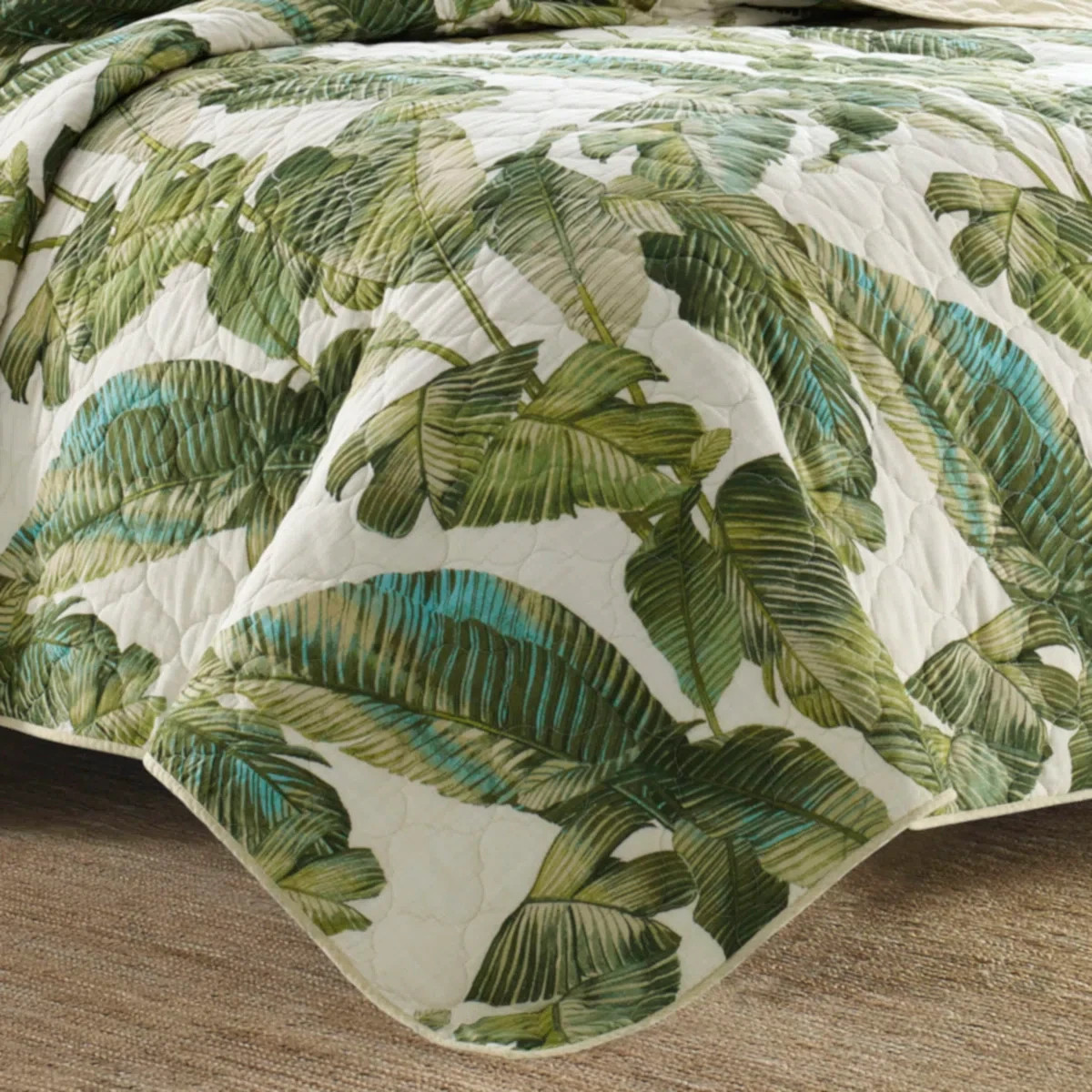 King Quilt Set Green Coastal Botanical Tropical Floral Bahama Exotic Leaves 3Pc