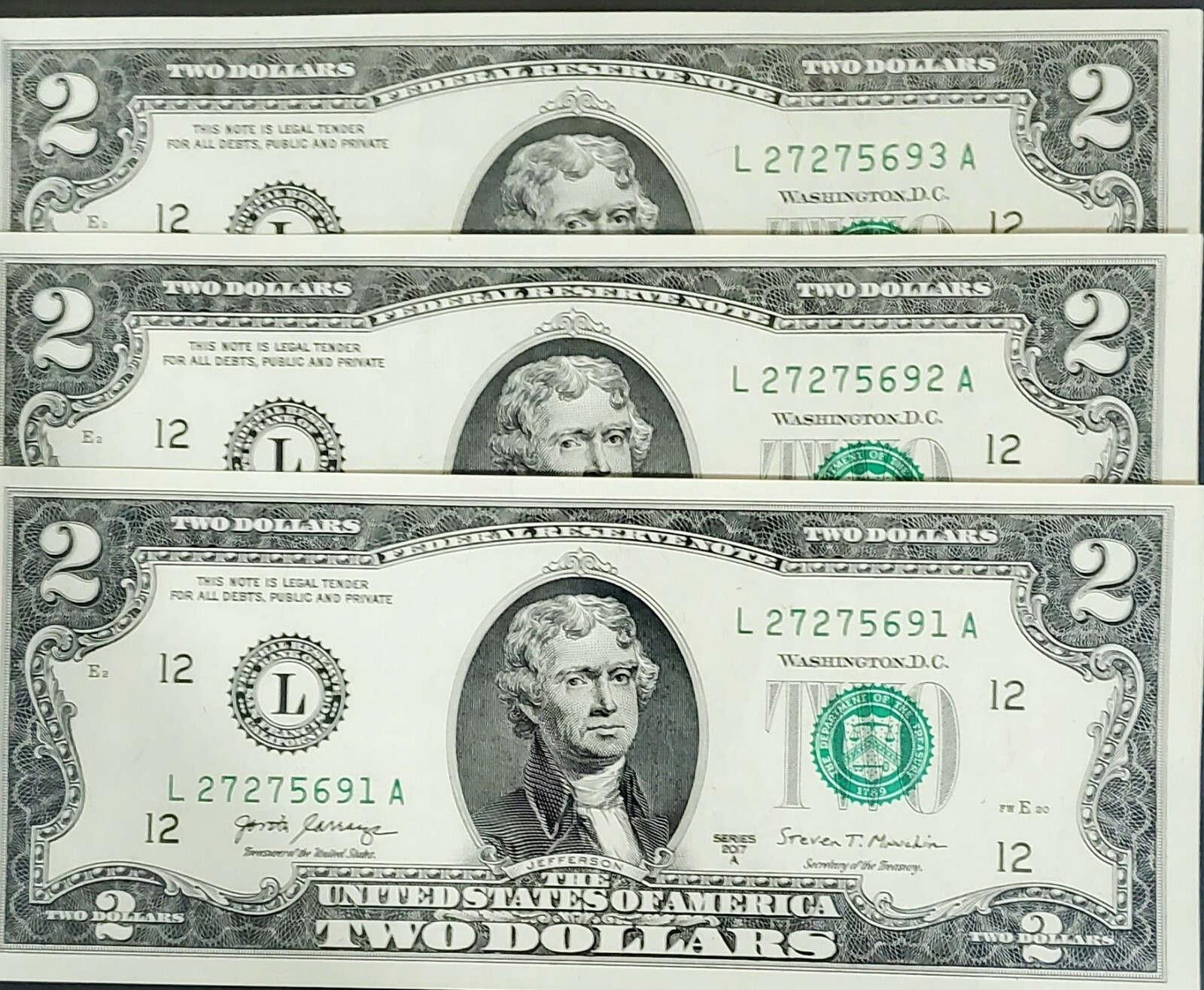 3 Two Dollar Bills Crisp Notes Uncirculated/Consecutive 2017A ** Lowest on Site!